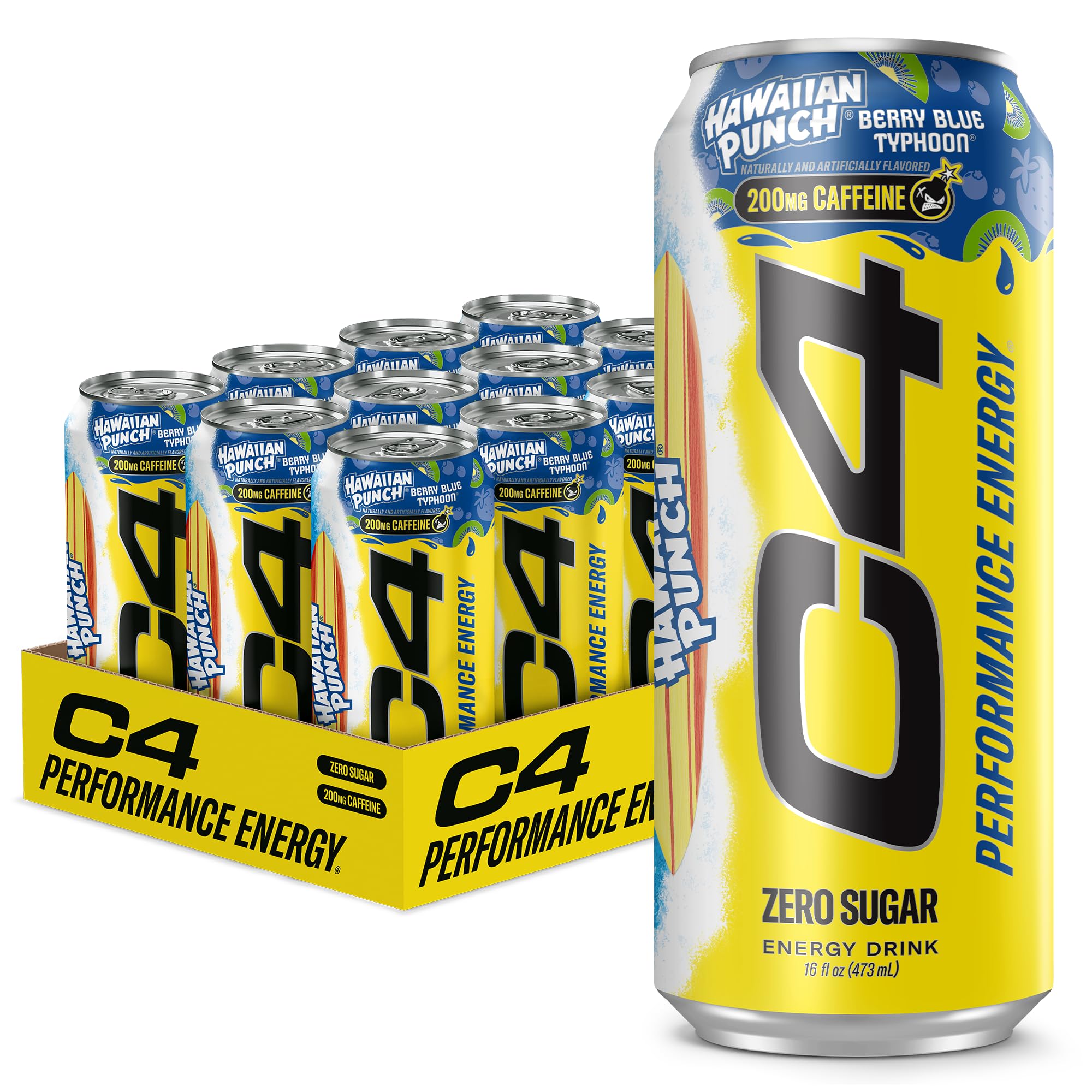 C4 Performance Energy Drink with Zero Sugar, Berry Blue Typhoon, 12pk | 200mg caffeine and performance ingredients deliver explosive energy, endurance and focus.
