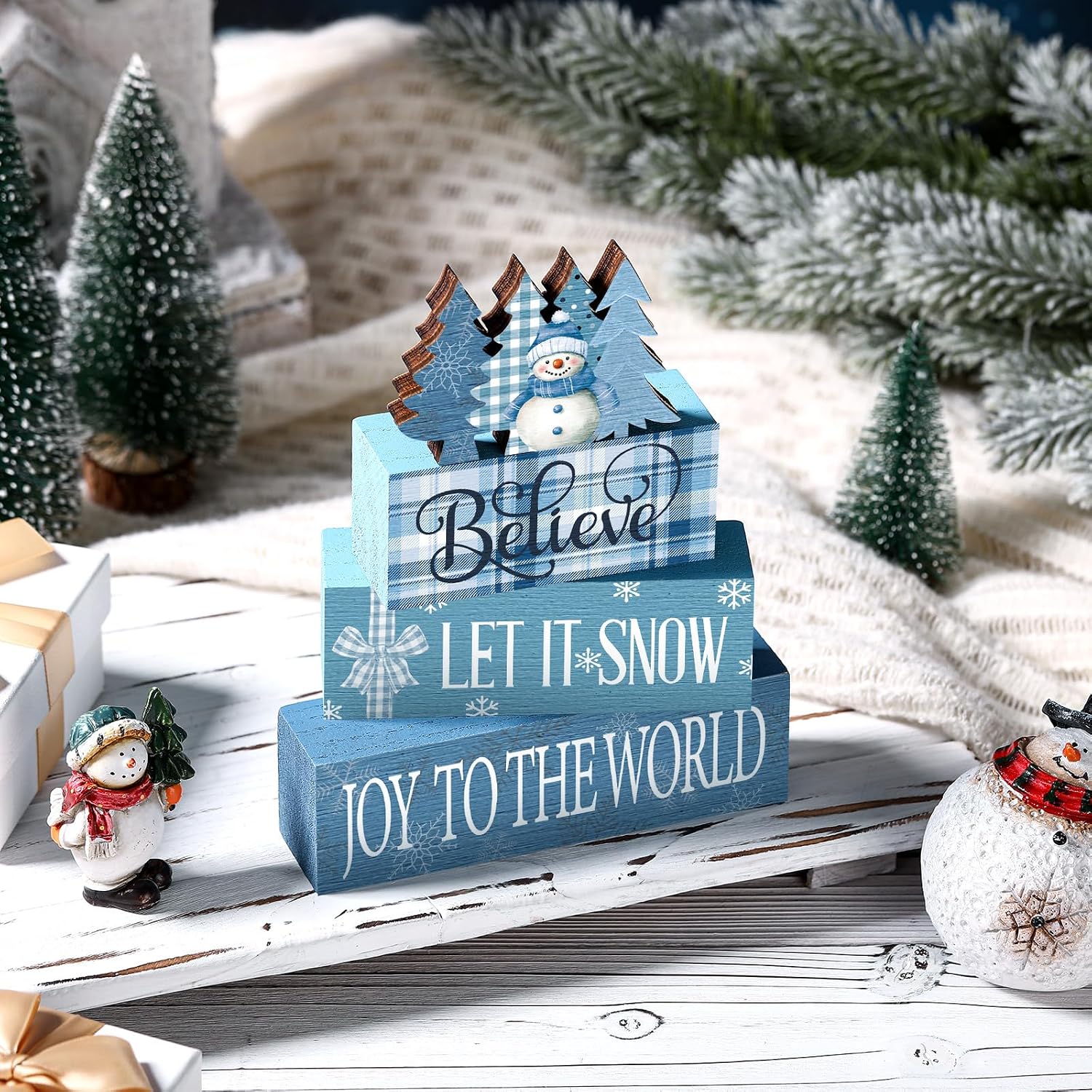 4 Pcs Christmas Blue Snowman Decoration Wooden Tiered Tray Decor image 3