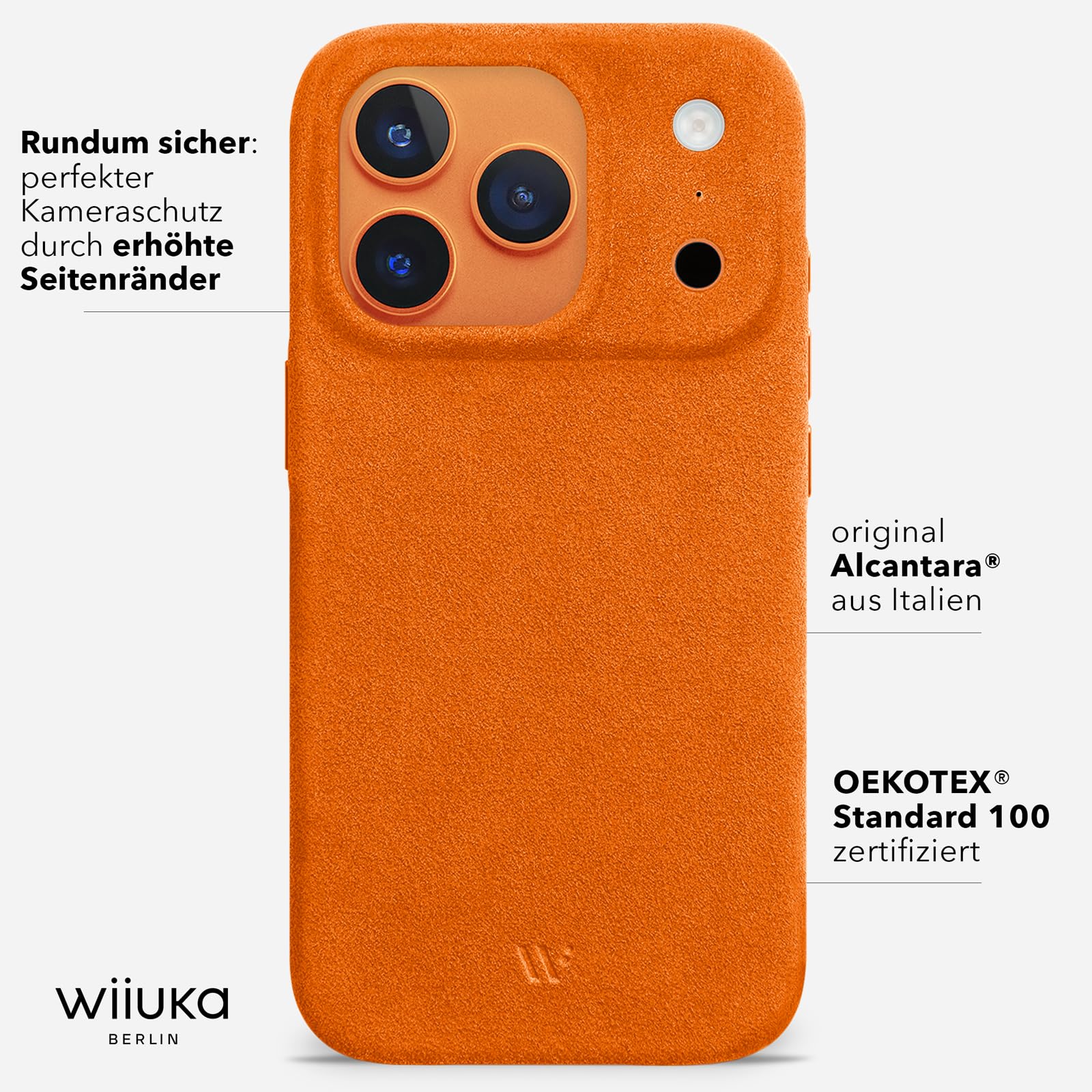 WIIUKA - Custodia protettiva in Alcantara per iPhone 17 Pro Max fatta a mano - Extra sottile - Alternativa alla pelle - Scio Alcantara - Arancione