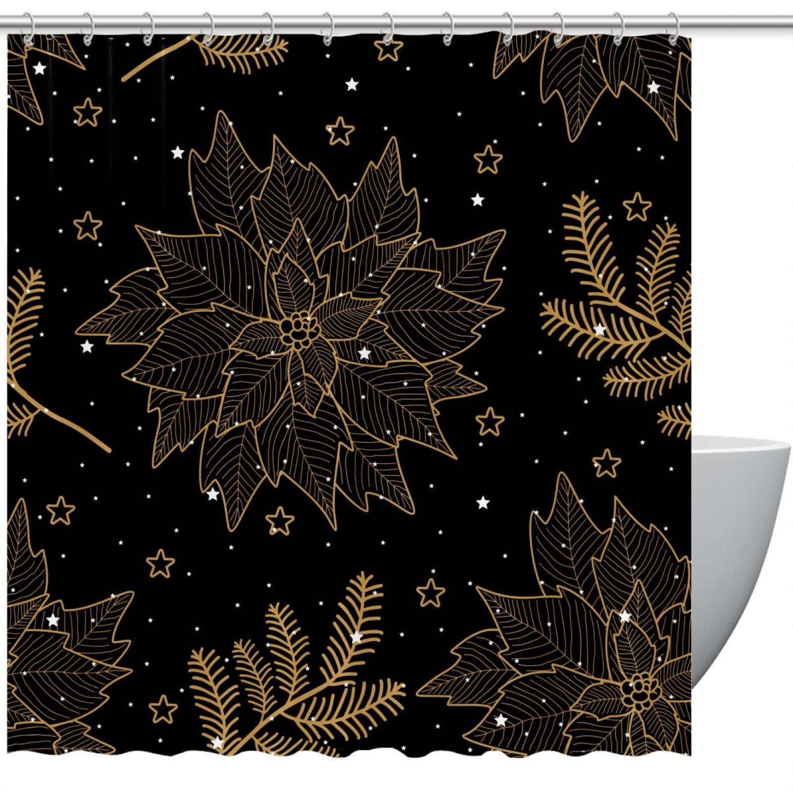 Rideau de douche de Noël avec feuilles dorées, modèle étanche de 183x183 cm pour la salle de bain