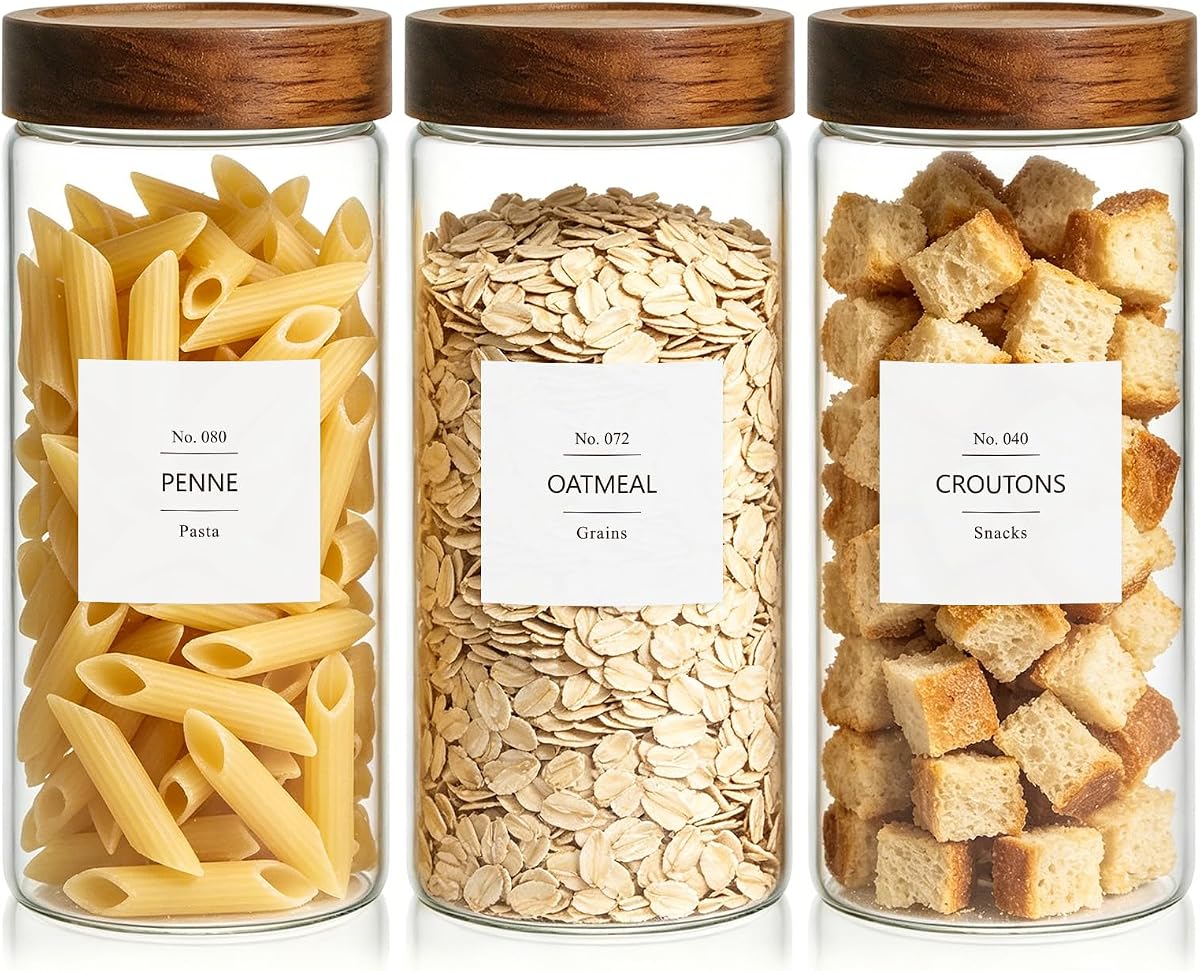 46 fl.oz Glass Jars with Airtight Lids, Food Storage Jars 3Pcs | Clear Food Containers For Pantry Organization Kitchen Canister Set for Cookie Rice Sugar Snack Coffee Bean, with 126 Labels