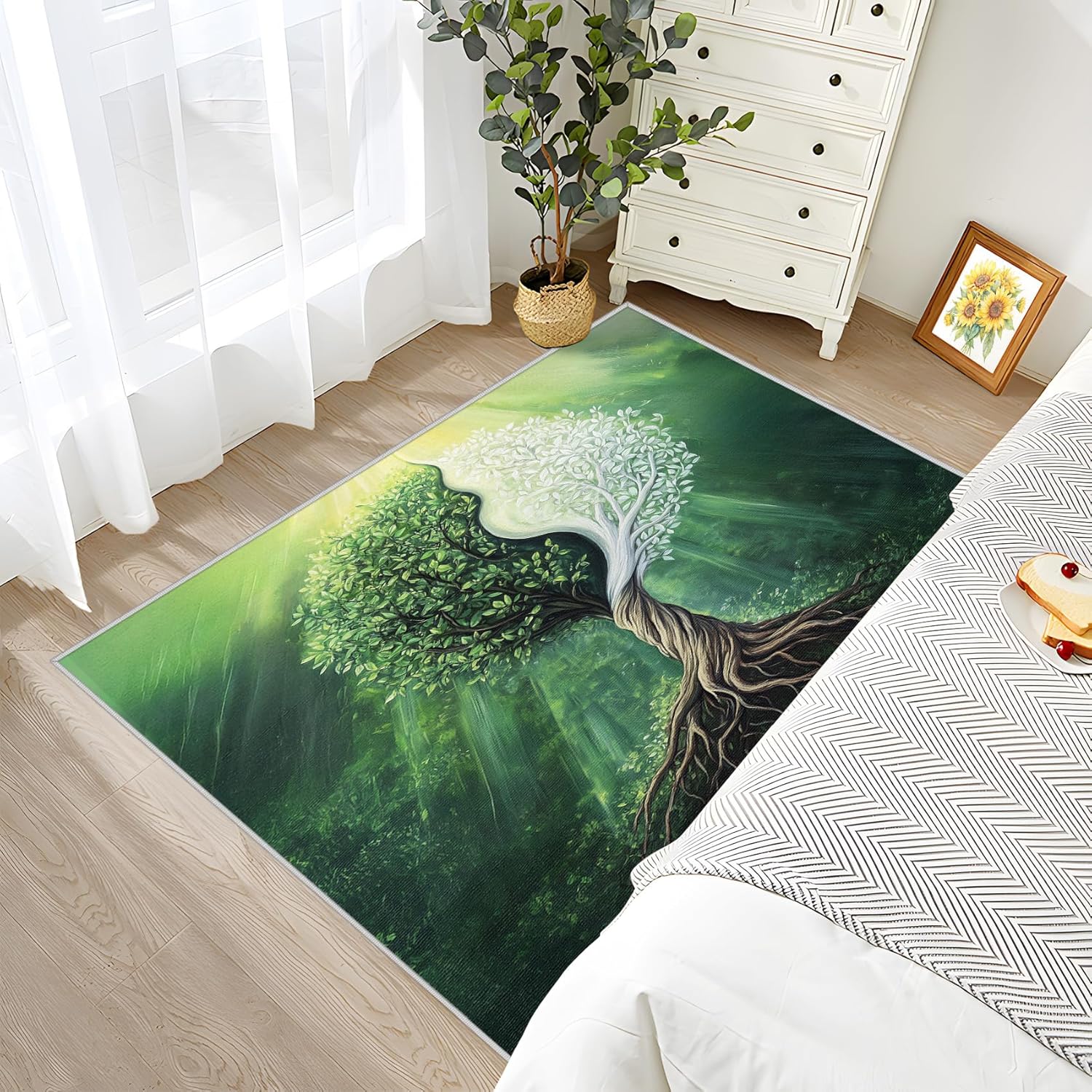 4x6 Rug Washable - Tree of Life Rug for Bedroom, Yin Yang Trees Zen Meditation Non Slip Low Pile Area Rugs for Living Room Laundry, Tree of Life Carpet Room Decor