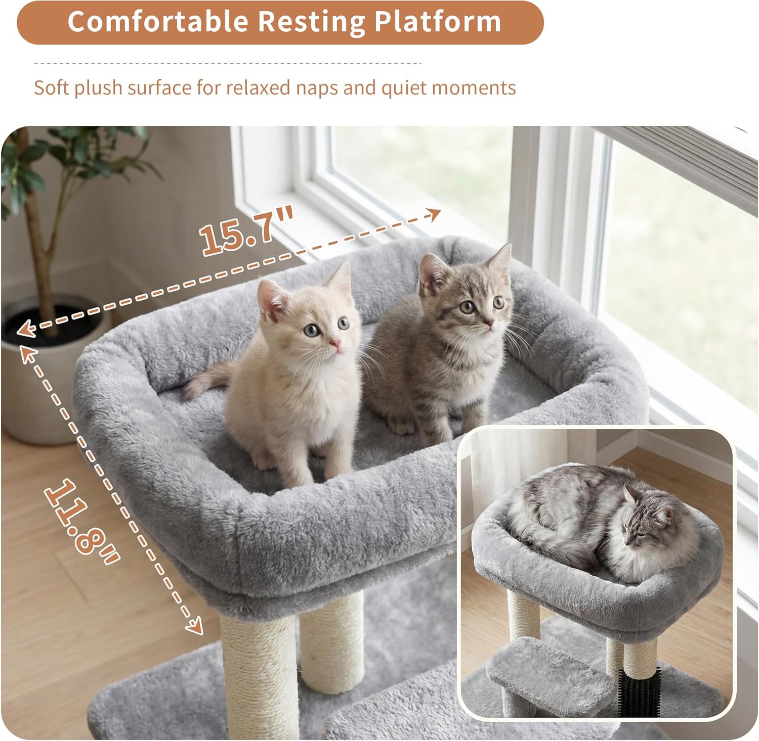 Heybly Cat Scratching Post, Small Cat Tree Tower with 3 Full Sisal Posts, Removable Plush Bed, Grooming Brush, Stable & Space-Saving Cat Furniture with Gentle Step for Indoor Cats, Light Gray HSP001SW