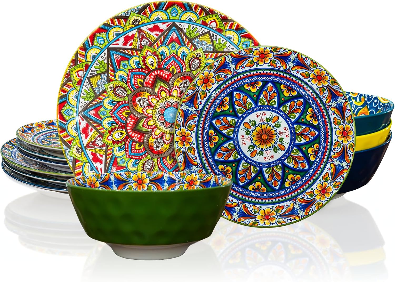 12 Pieces Dinnerware Sets, Ceramic Plates and Bowls Set, Microwave and Dishwasher Safe, Scratch Resistant, Bohemian Style Dishware Set, Service for 4