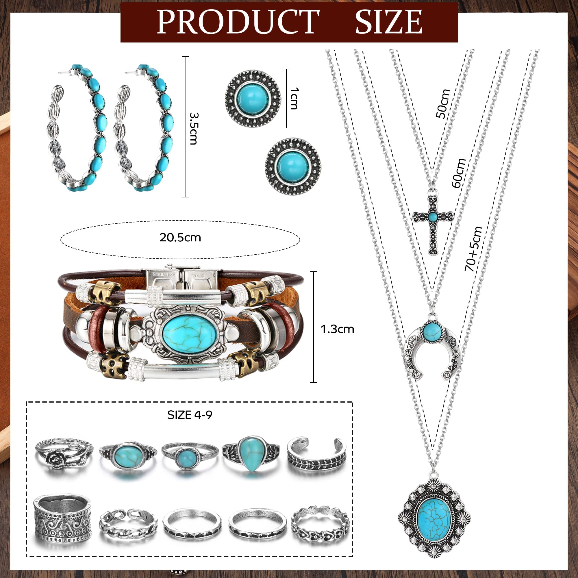 Milacolato Biżuteria zachodnia dla kobiet naszyjnik turkusowy wisiorek western drop kolczyki turkusowe sztuczne skórzane paski warstwowe Boho Knuckle Rings Set Bohemian Jewelry Set