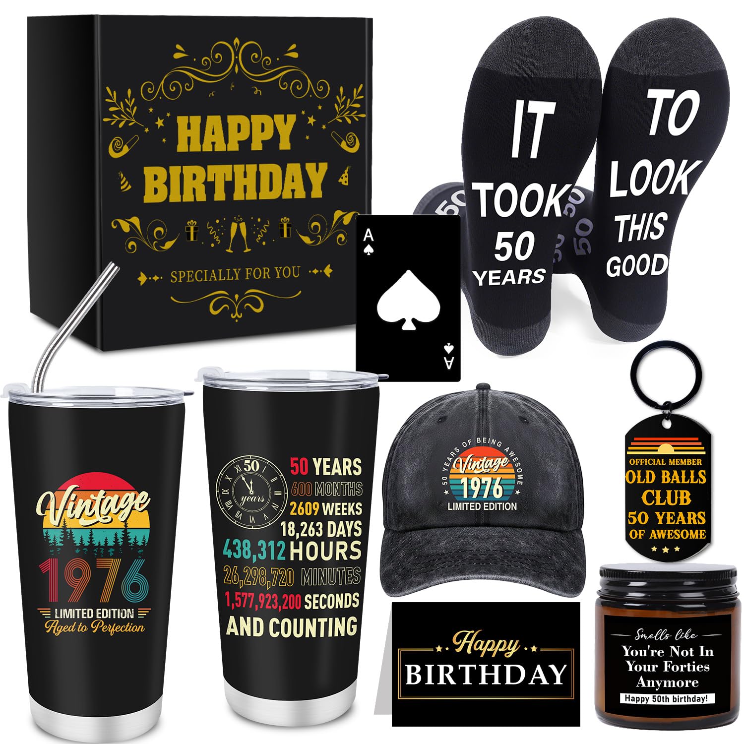Eiapadeor 50th Birthday Gift for Men - Vintage 1976 50 Year Old Man Present, 7 Pcs Birthday Gifts Tumbler Baseball Cap Bottle Opener Socks Present for Husband Father Dad's 50th Father's Day Christmas