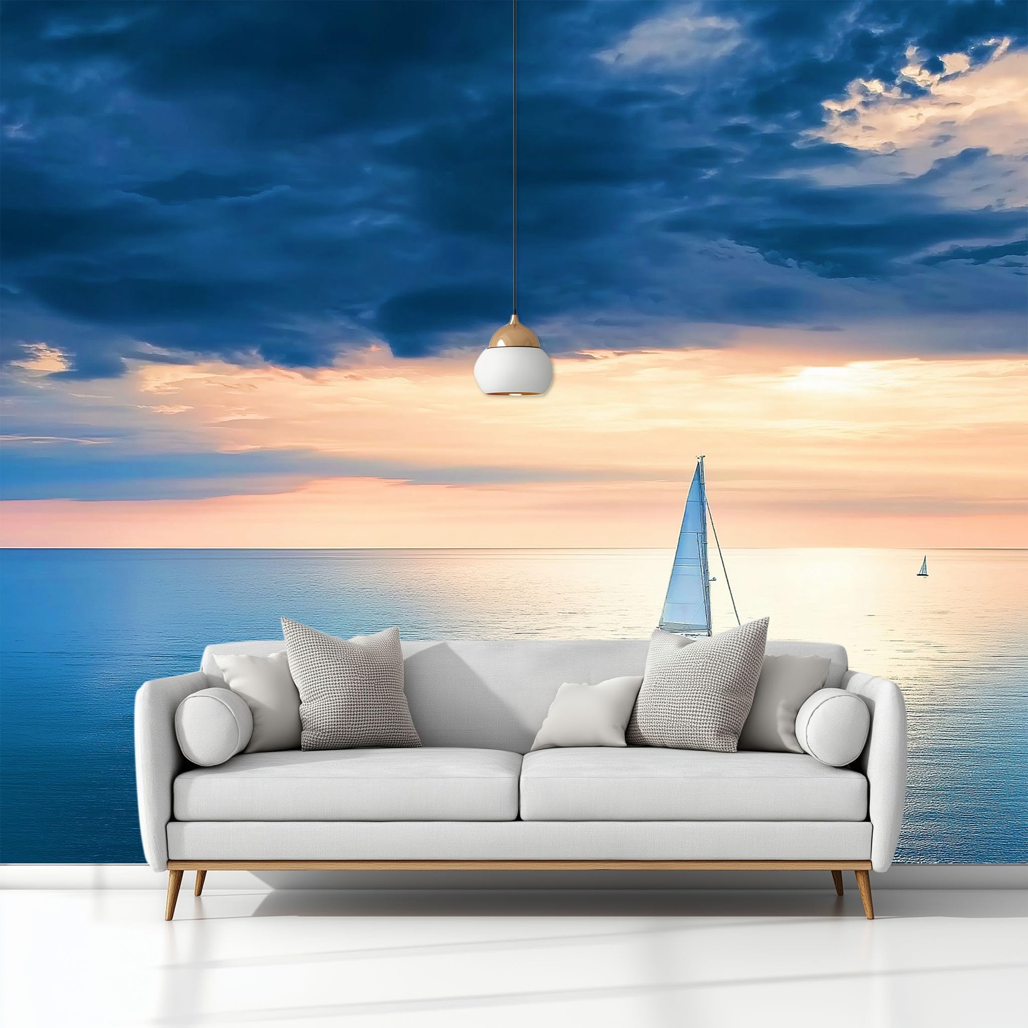 350 x 256 cm, fototapeta z włókniny, na wymiar, nowoczesna, morze, mała łódka, niebo, błękitny, fotorealistyczny, druk HD, tapeta na flizelinie, tapeta z motywem, dekoracja ścienna, dekoracja ścienna