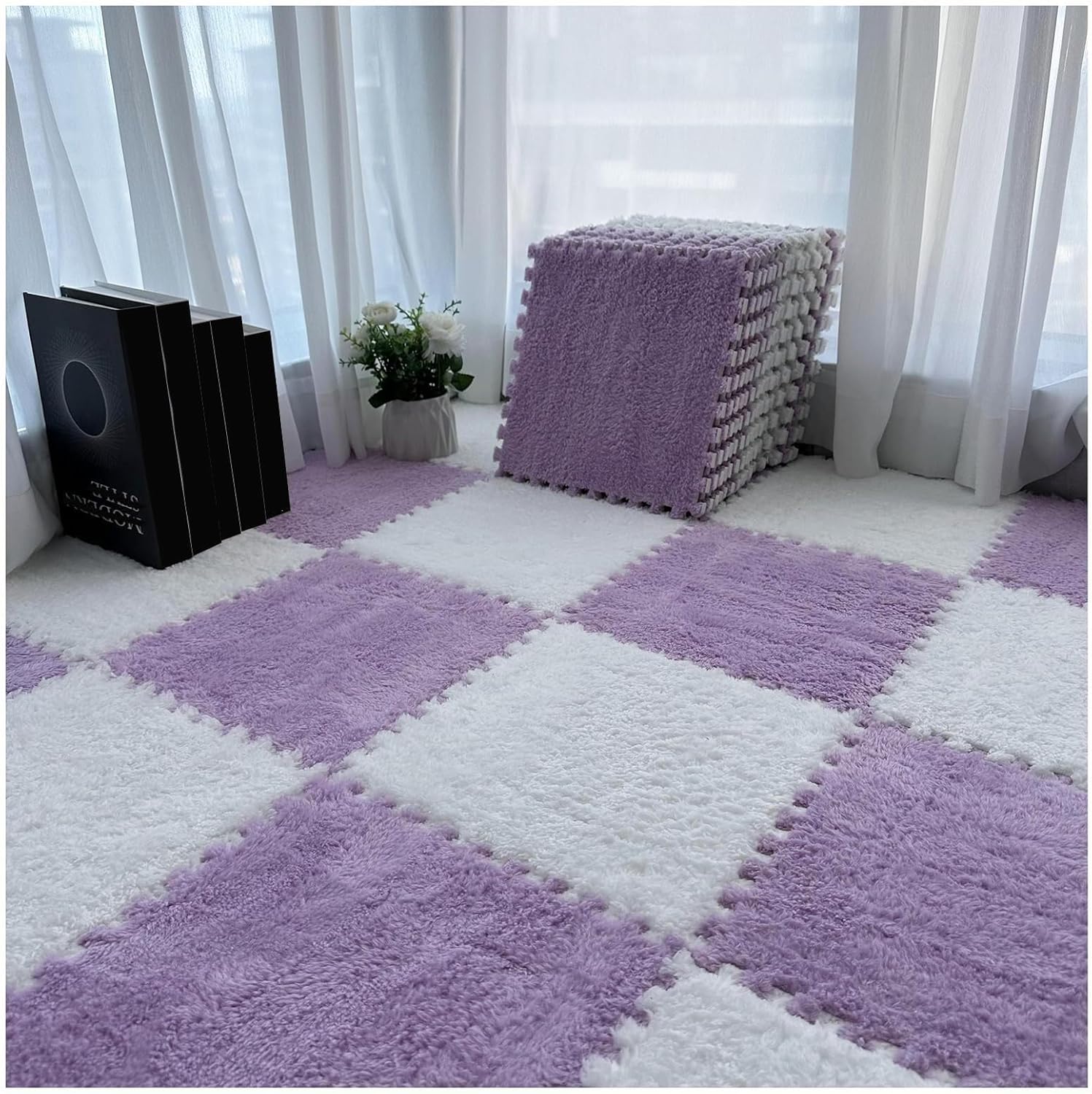 30cm Square EVA Puzzle Play Mat, 64 Pcs Interlocking Floor Tiles, Foam Plush Carpet Mats, Easy to Clean Foam Mats, Fluffy Living Room Rugs(White+Purple)