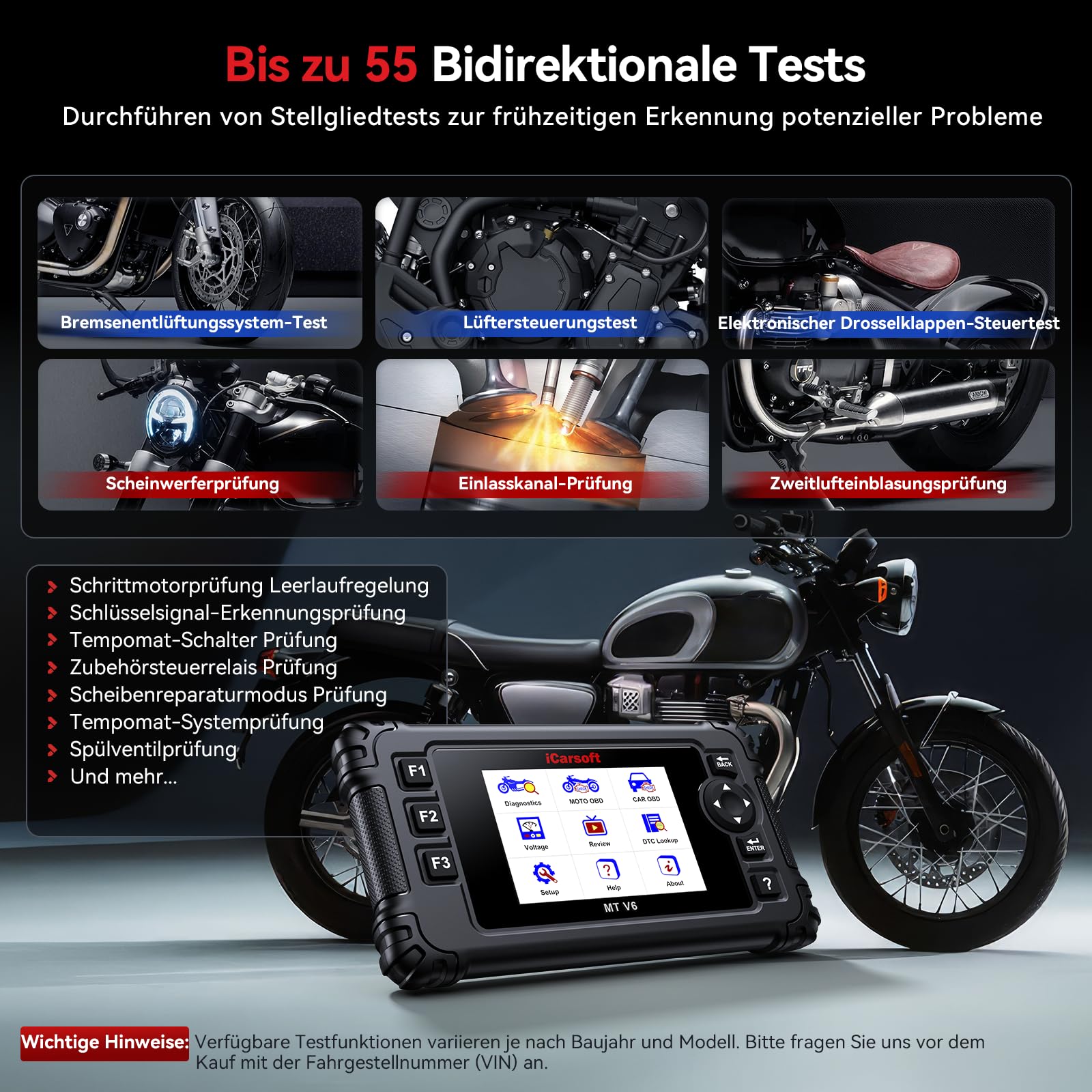 iCarsoft MT V6 Motorrad Diagnosegerät für Triumph, OBD2 Diagnosewerkzeuge für Motorräder mit Komplettsystem Auslesegerät 53 Service 55 Bidirektionaler Test AutoVIN Batterietest Lebenslange Updates