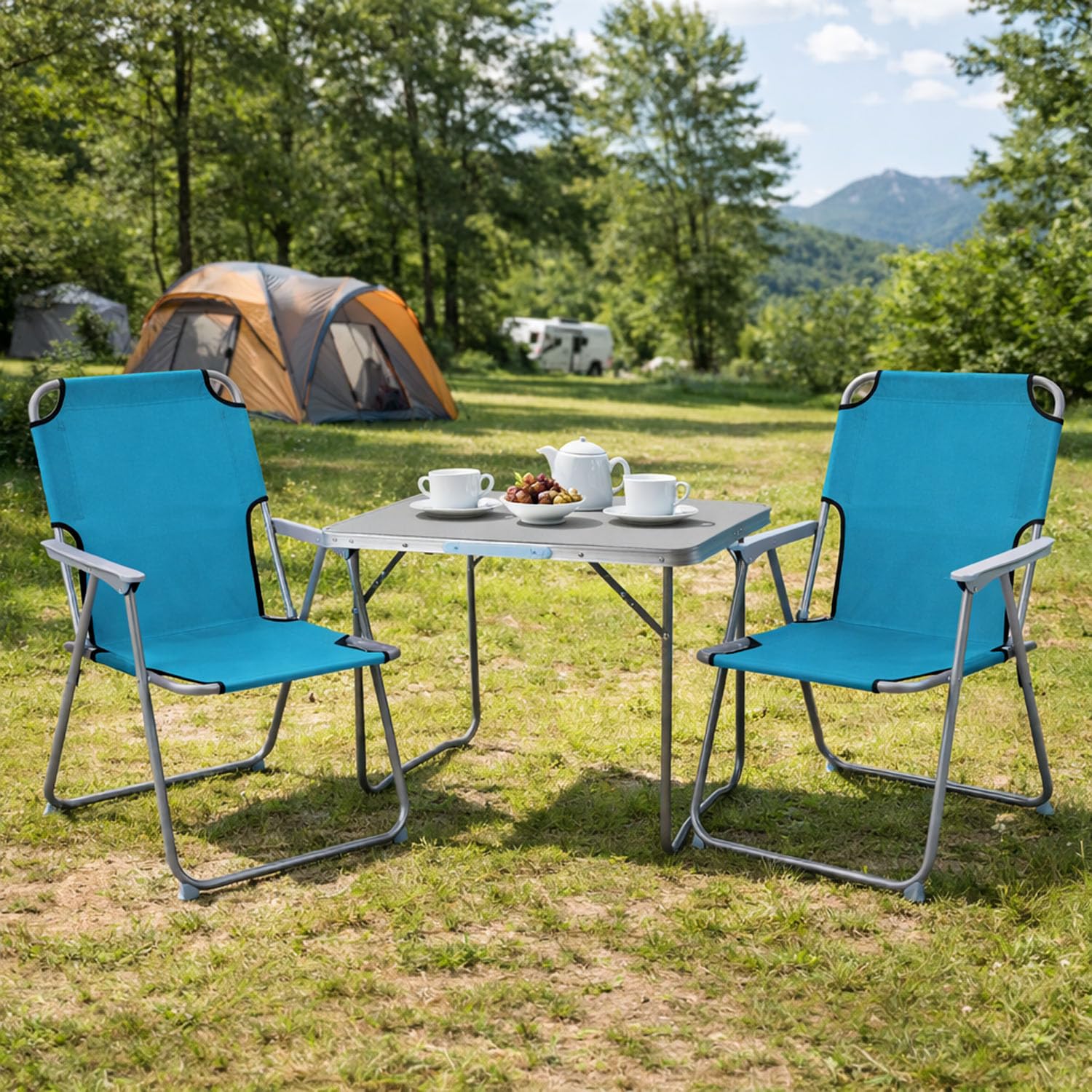 Mojawo 3tlg. Campingmöbel Set Alu Camping L80xB60xH68cm 1x Campingtisch mit Tragegriff + 2 Campingstühle Petrol