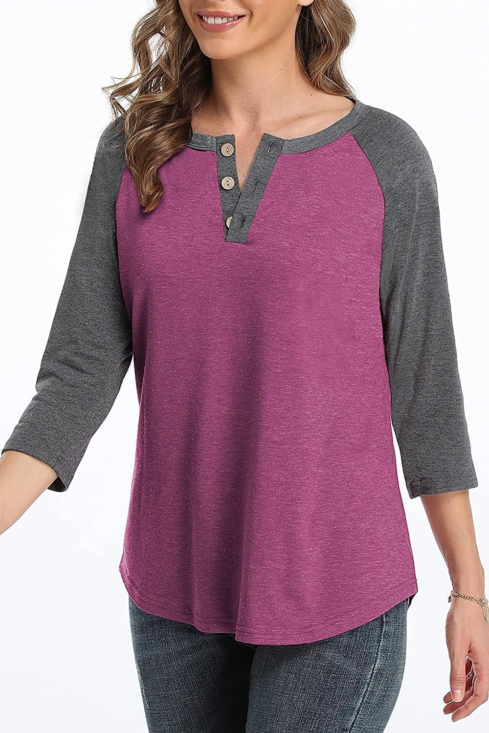 Rinethy 3/4 Sleeve Raglan Shirts for Women Color Block Henley Blouse Button Tunic Tops