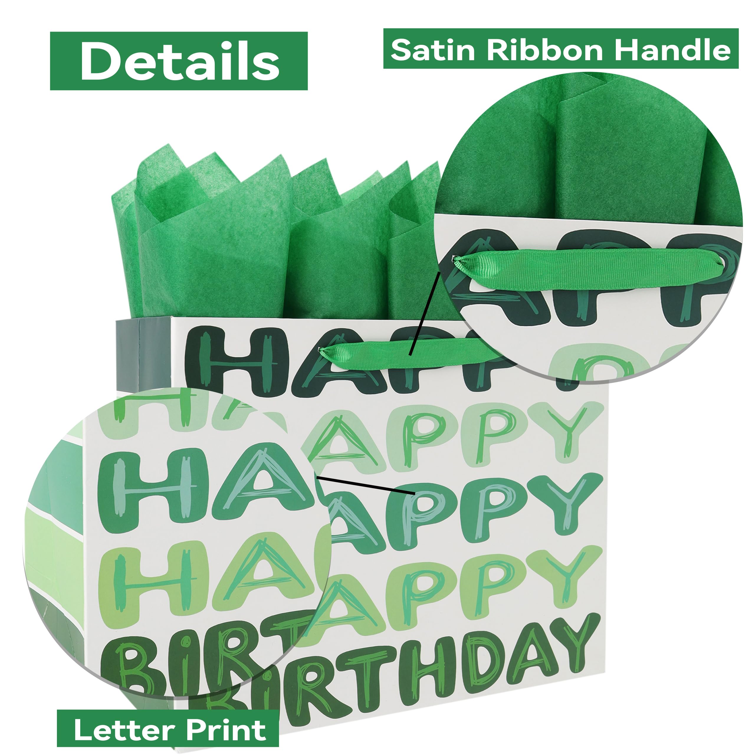 Qirrmiy 13'' Large Green Happy Birthday Gift Bag Set with Handles, Greeting Card, Tissue Papers and Stickers for Women Girls Men Boys Kids Teens, Words Design, 1 Pcs