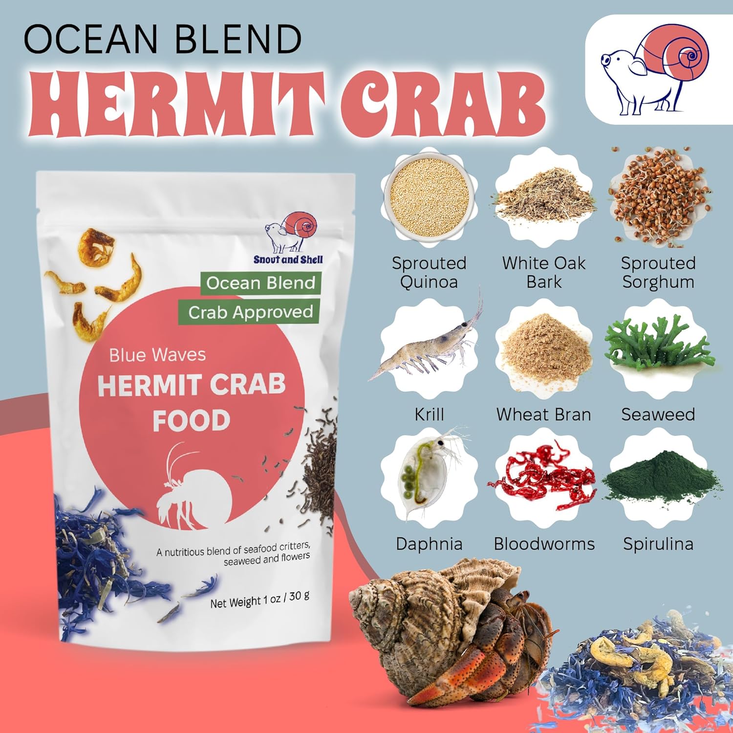 Snout and Shell Hermit Crab Food Bundle (Fruity Breakfast Blend, Ocean Mix, Protein Mix, Summer Sunset, Worm Castings & Oyster Shell Flour)