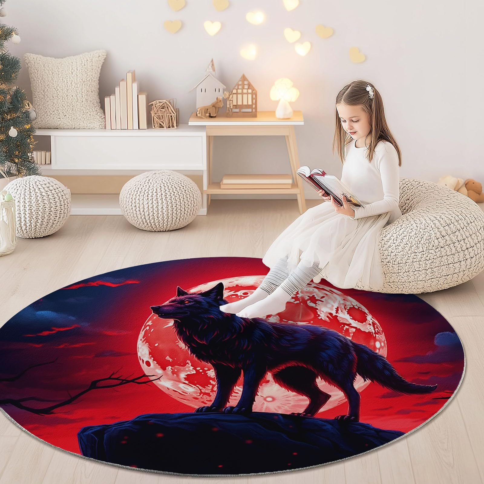 Générique Tapis Rond Salon 150 cm, Loup De Dessin Animé Fantastique Lune Imprimé Tapis de Sol Décoration Antidérapant pour Salon Chambre Cuisine Balcon Terrasse Salle à Manger Intérieur, Rouge Foncé
