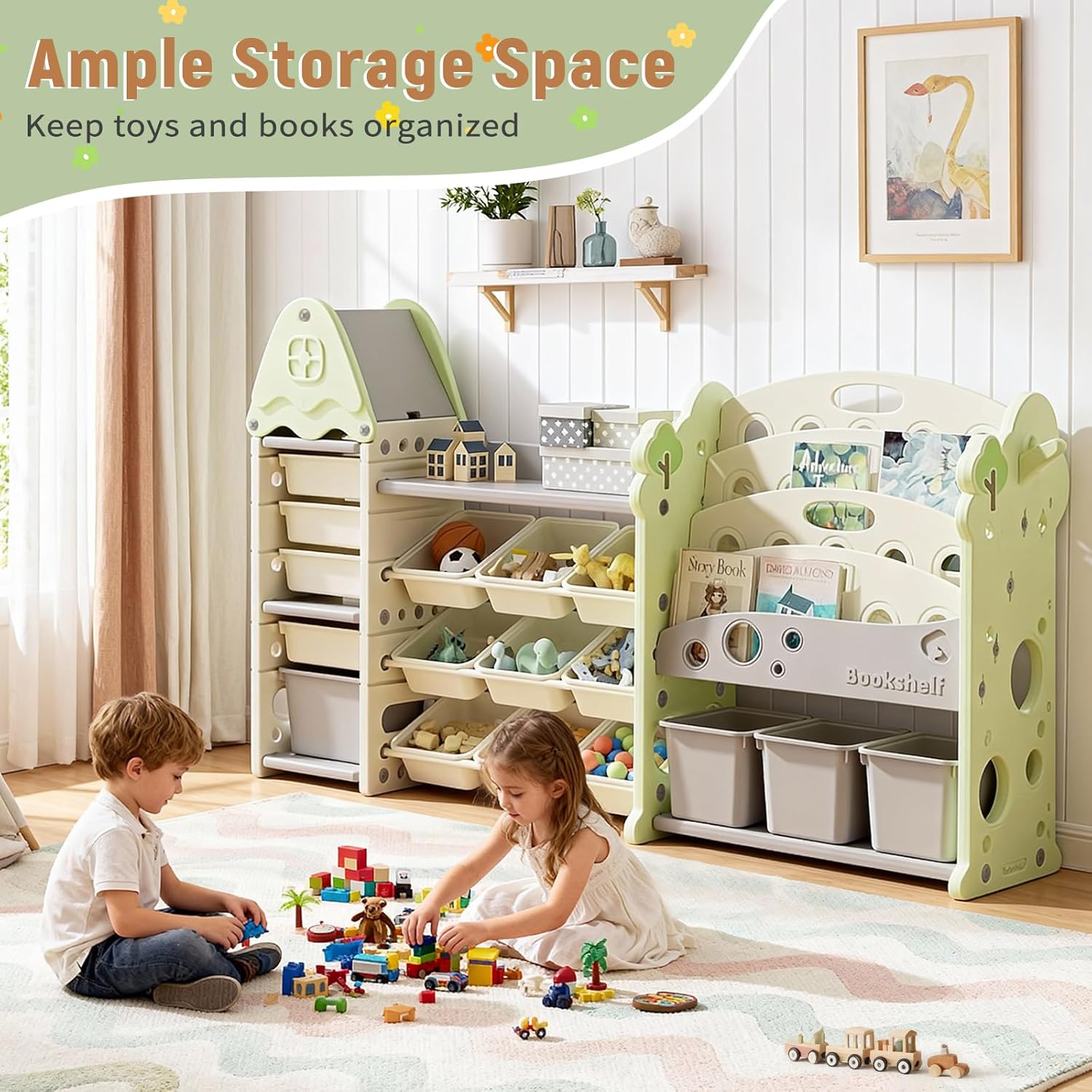 Pipleo Kids Toy Storage Organizer with 17 Removable Bins, 4-Tier Bookshelf for Kids, Multi-Purpose Castle-Shaped Toy Organizer for Playroom, Bedroom, Nursery, Living Room (Green)