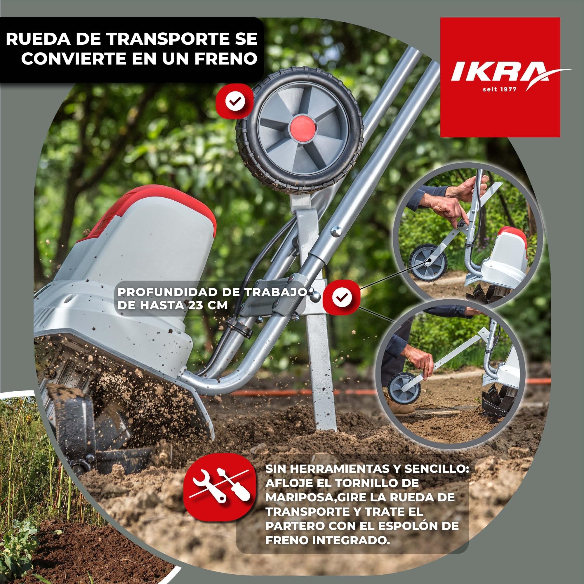 IKRA 70300420 motoazada eléctrica motocultor IEM 800 S, Ancho de Trabajo 30cm, Profundidad 20cm, Gris, Rojo y Negro
