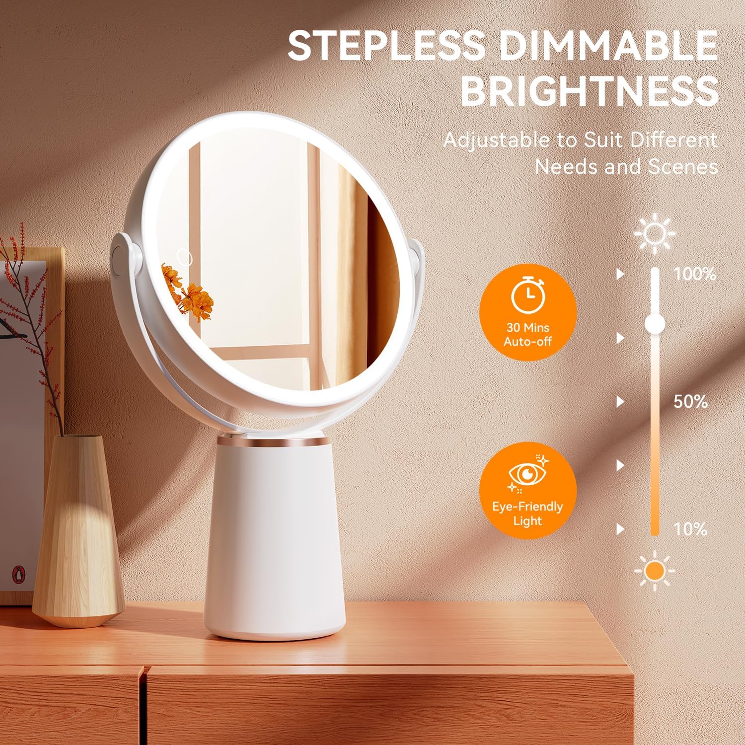 Auxmir Makeup Mirror illustrating stepless dimmable brightness from 10% to 100%