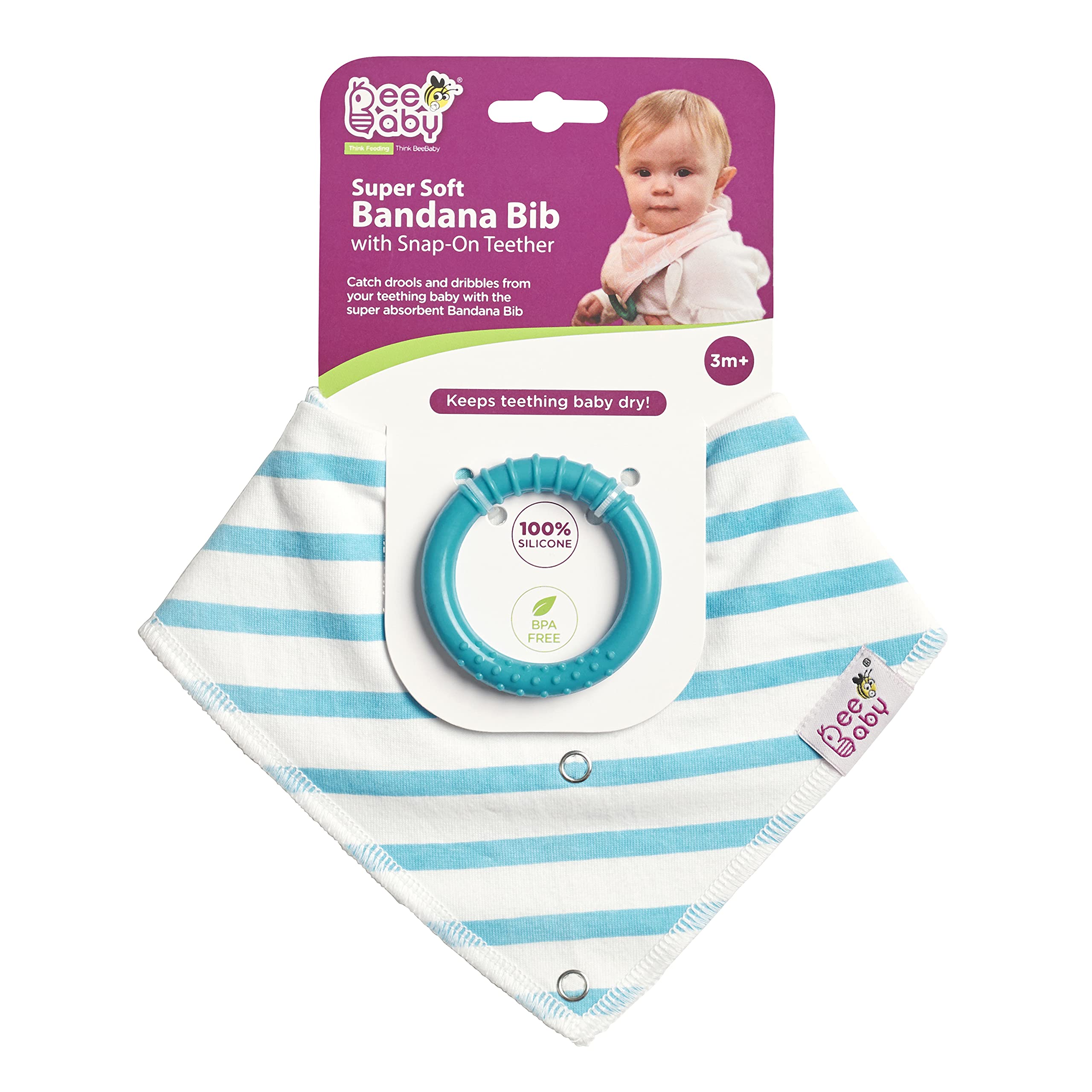 BeeBaby Super Absorbent & Soft Bandana Bib with Snap-On Teether. 100% Waterproof & Washable. (Blue & White - Stripes) 3M+-image-35
