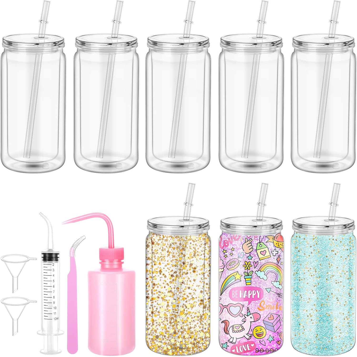 HOMIEE 8 Pack 16 Oz Snow Globe Tumbler with 5PCS Snow Globe Tumbler DIY Tool, Double Wall Plastic Can Mason Jar Mug with Lid, Straw, Pre Drilled Hole