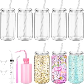 HOMIEE 8 Pack 16 Oz Plastic Snow Globe Tumbler, Pre Drilled Double Wall Can Shaped Cups with Lid, Elbow Irrigator, Bottle, Tweezer, And Strawfor Snow Globe Glitter DIY Gift