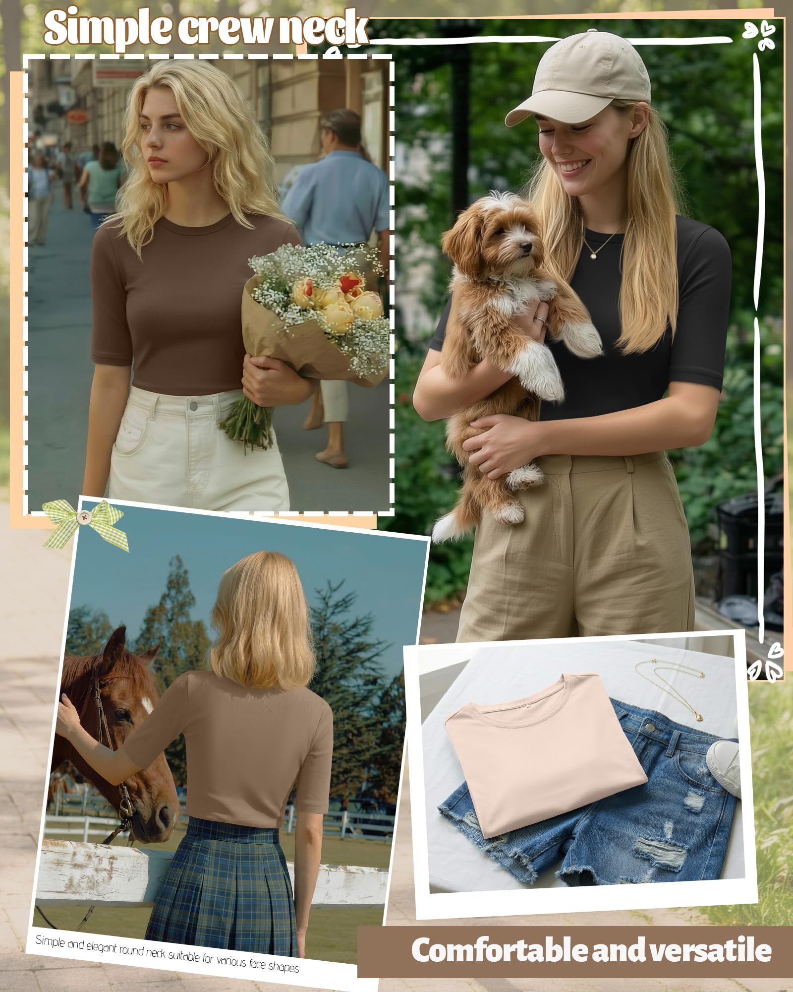 Neer Lot de 4 t-Shirts Basiques pour Femme avec Demi-Manches, Longueur coude, Coupe ajustée, col Rond, Manches 1, 2 Manches | Chemises à manches mi-longues, t-shirt basique léger et extensible, tenue de bureau, vêtements décontractés d'été