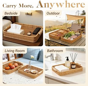 2-Pack Large Rectangular Faux Rattan Serving Tray with Wooden Handles – Durable Woven Plastic Style for Kitchen, Dining, Picnics & Decor, Easy to Clean