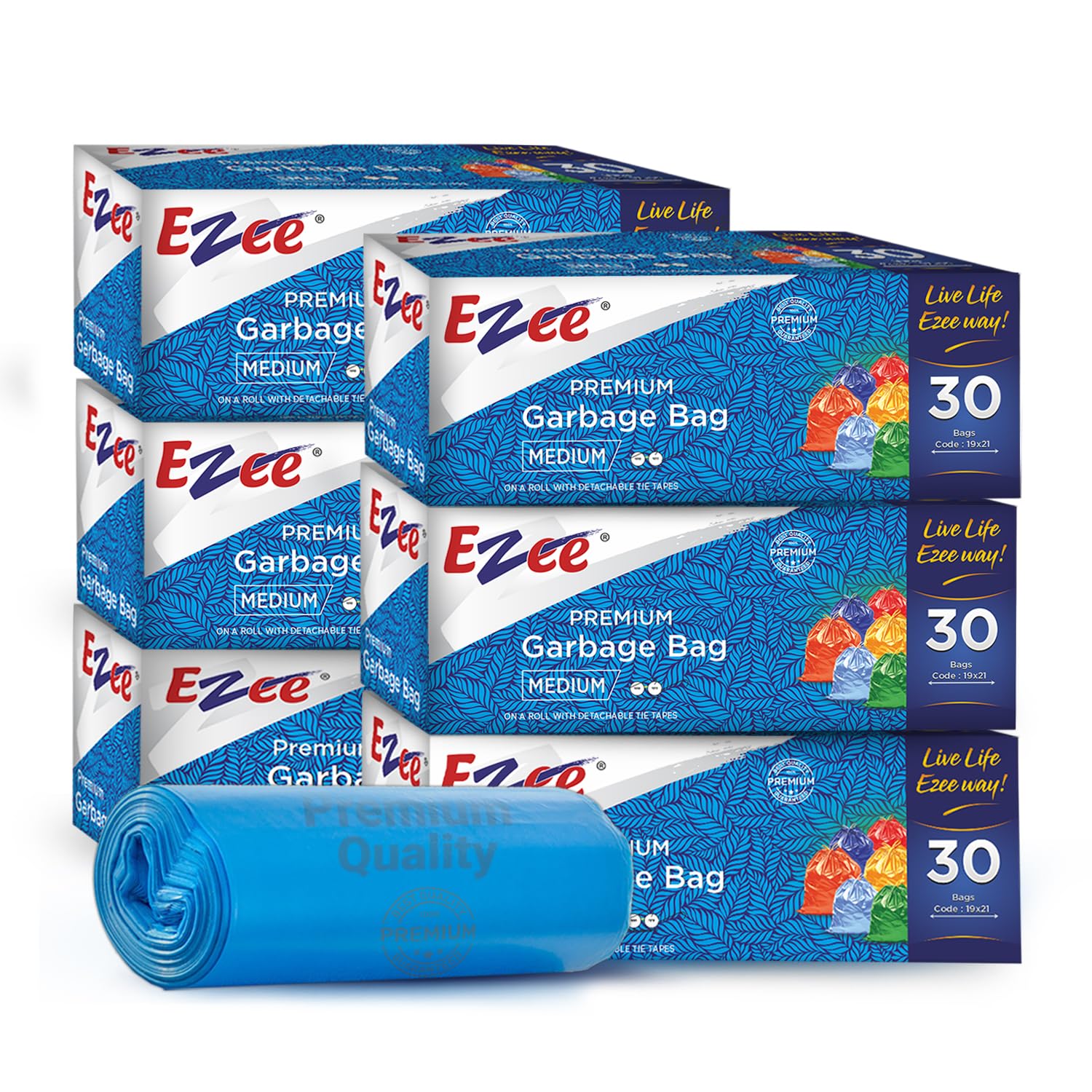 Ezee Blue Garbage Bags Medium 180 Pcs | 30 Pcs x Pack of 6 Rolls | 19 x 21 Inch | Dustbin Bags/Trash Bags/Dustbin Covers for Wet and Dry Waste