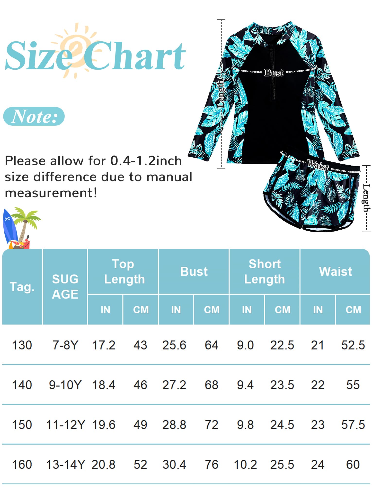 SEAUR Niño Niña Traje de Baño 2 Piezas Manga Larga Conjunto Rashguard Protección Solar Rash Guard 1/2 Zip Secado Rápido 130-160