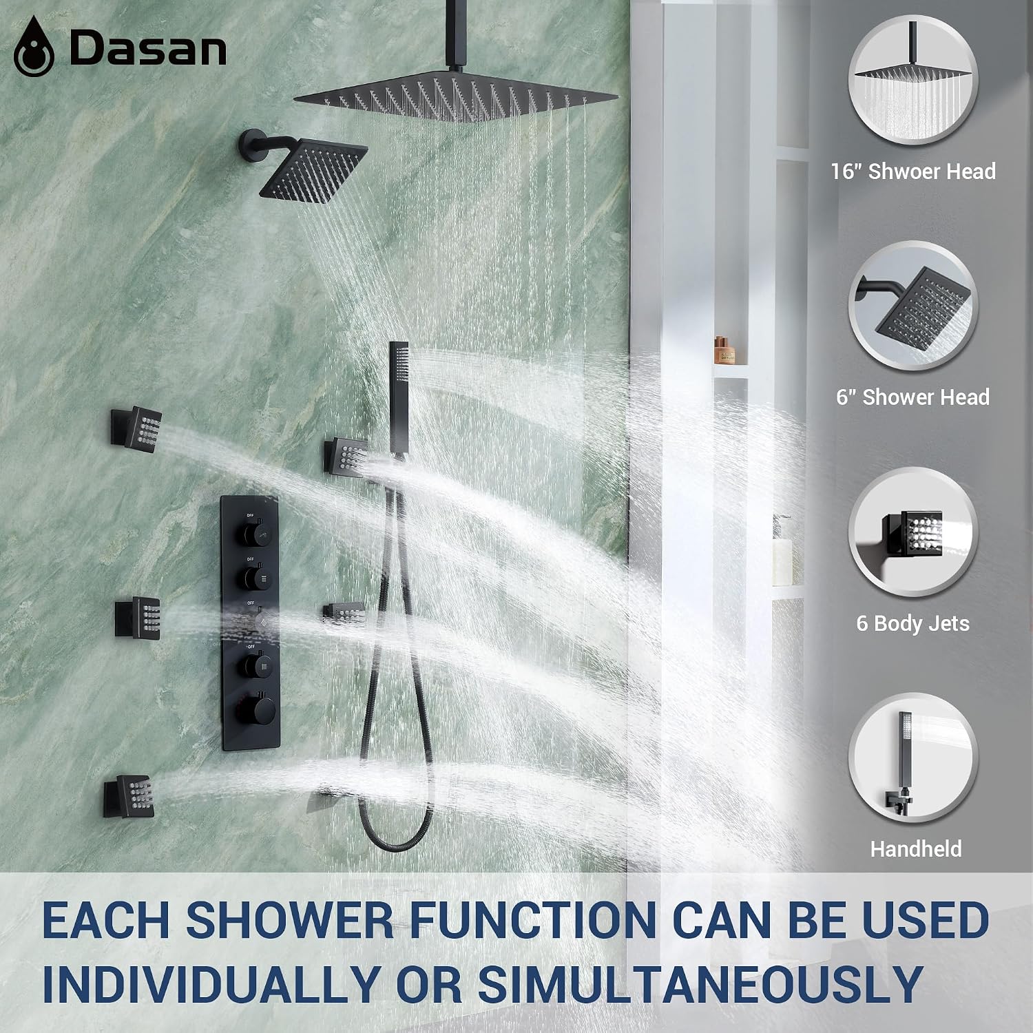 Dasan Thermostatic Dual Shower Head System with 6 Body Jets, 6-Inch Shower Head & 16” Rainfall Shower, Luxury Matte Black Shower Faucet Set Rain Shower Head System for Couples/ 2-Person