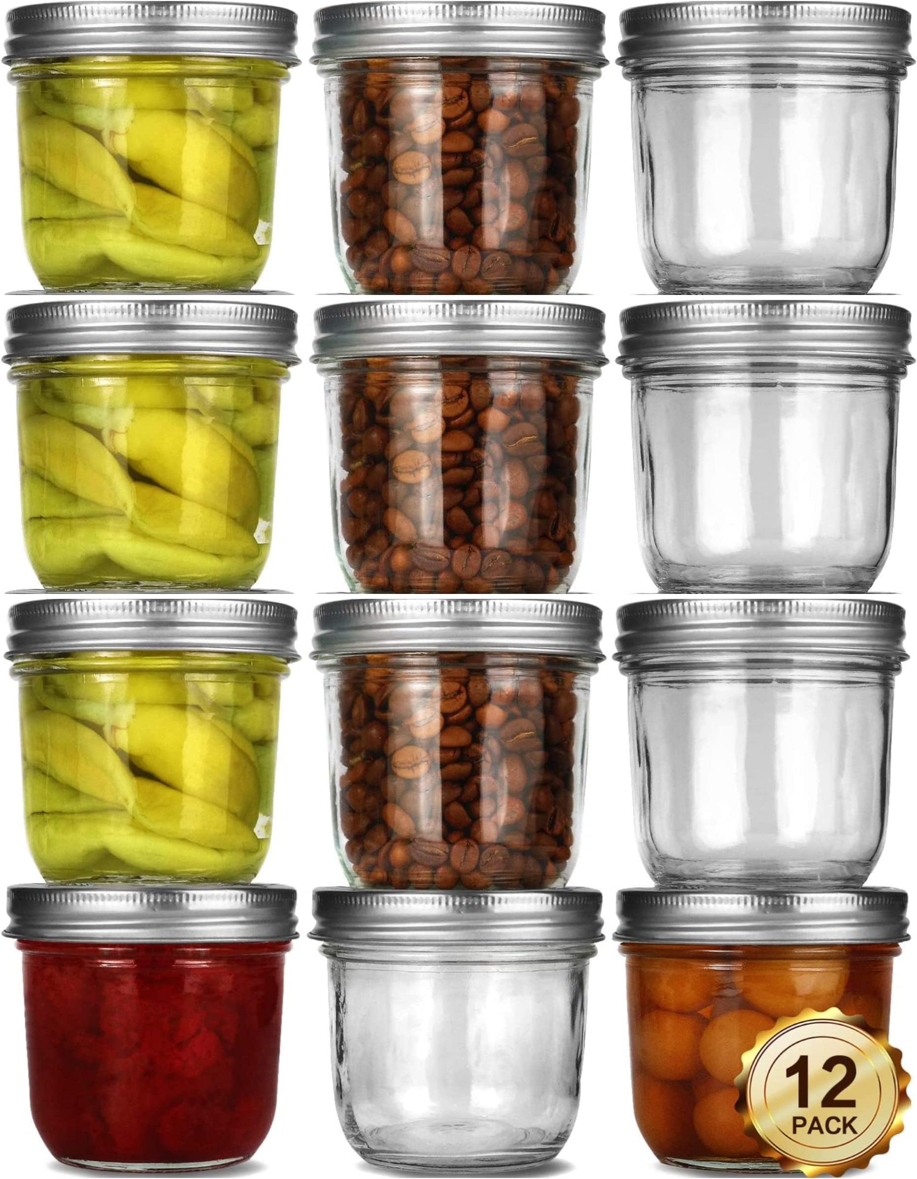 Mason Jars with Airtight Metal Regular Lids(8oz/250ml), Sealed Clear Glass Canning Jars with Wide Mouth for Spices, Honey, Jam, dessert，Jelly, of 12