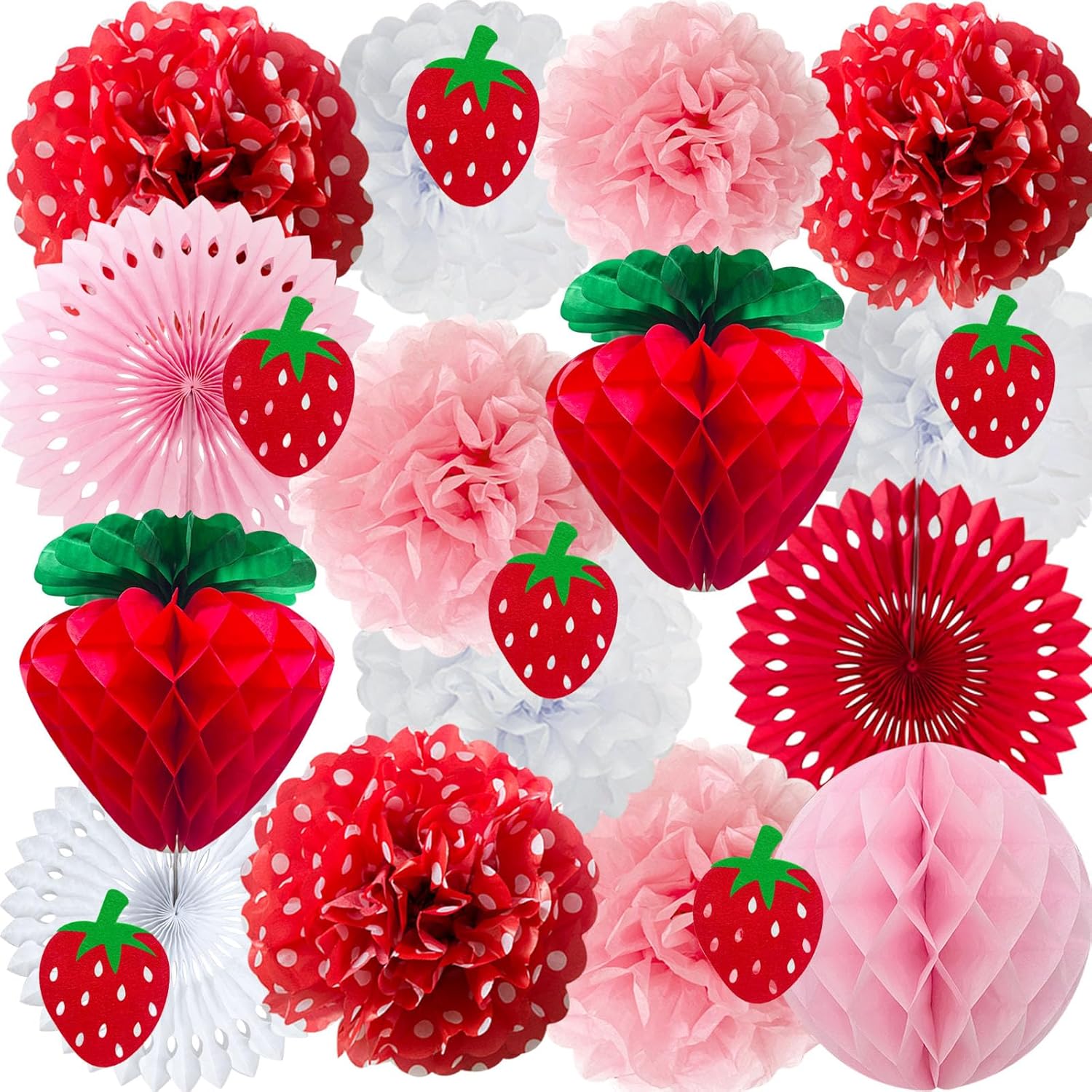ANSOMO Strawberry Party Decorations Red Pink White Tissue Pom Poms Fans Honeycom Balls Lanterns Garland Classroom Berry Sweet Fruits 1st One Birthday Bridal Baby Shower Décor Supplies Girls