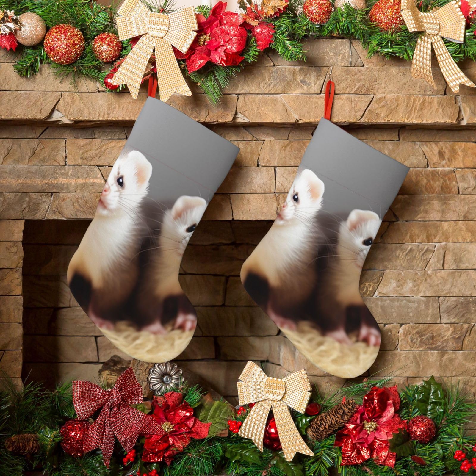 Fodpand Boys Black Ferrets Christmas Stockings Hanging Ornaments For Holiday Decor, 18 Inches Velvet Fireplace Hanging Xmas Stocking, Candy Gift Bags For Christmas Decorations
