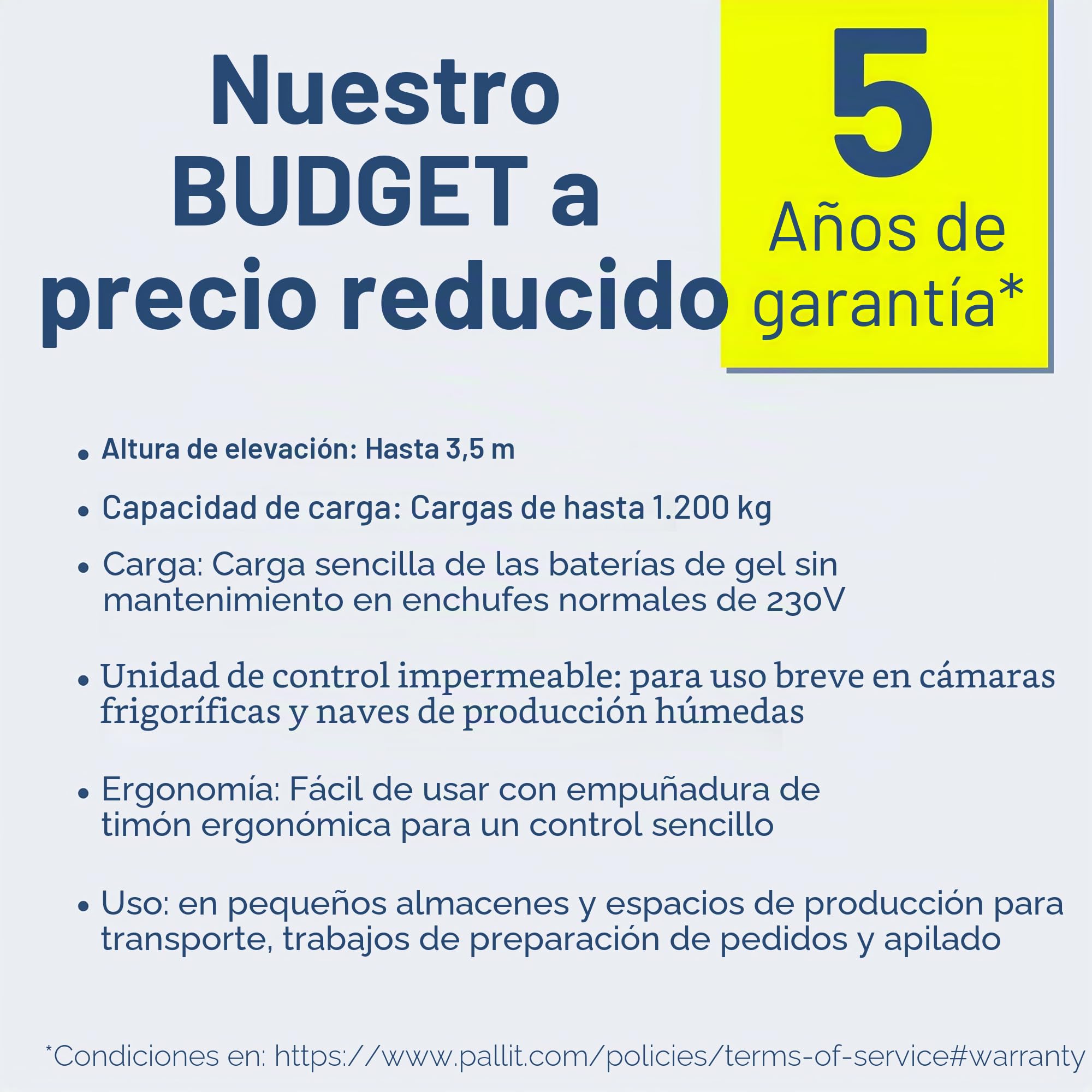 Pallit Transpaleta Eléctrica Budget-M - 1200 kg y 3500 mm de Elevación | Montacargas con 2 baterías de plomo-gel, unidad de control impermeable y contador de horas para almacenes y producción.