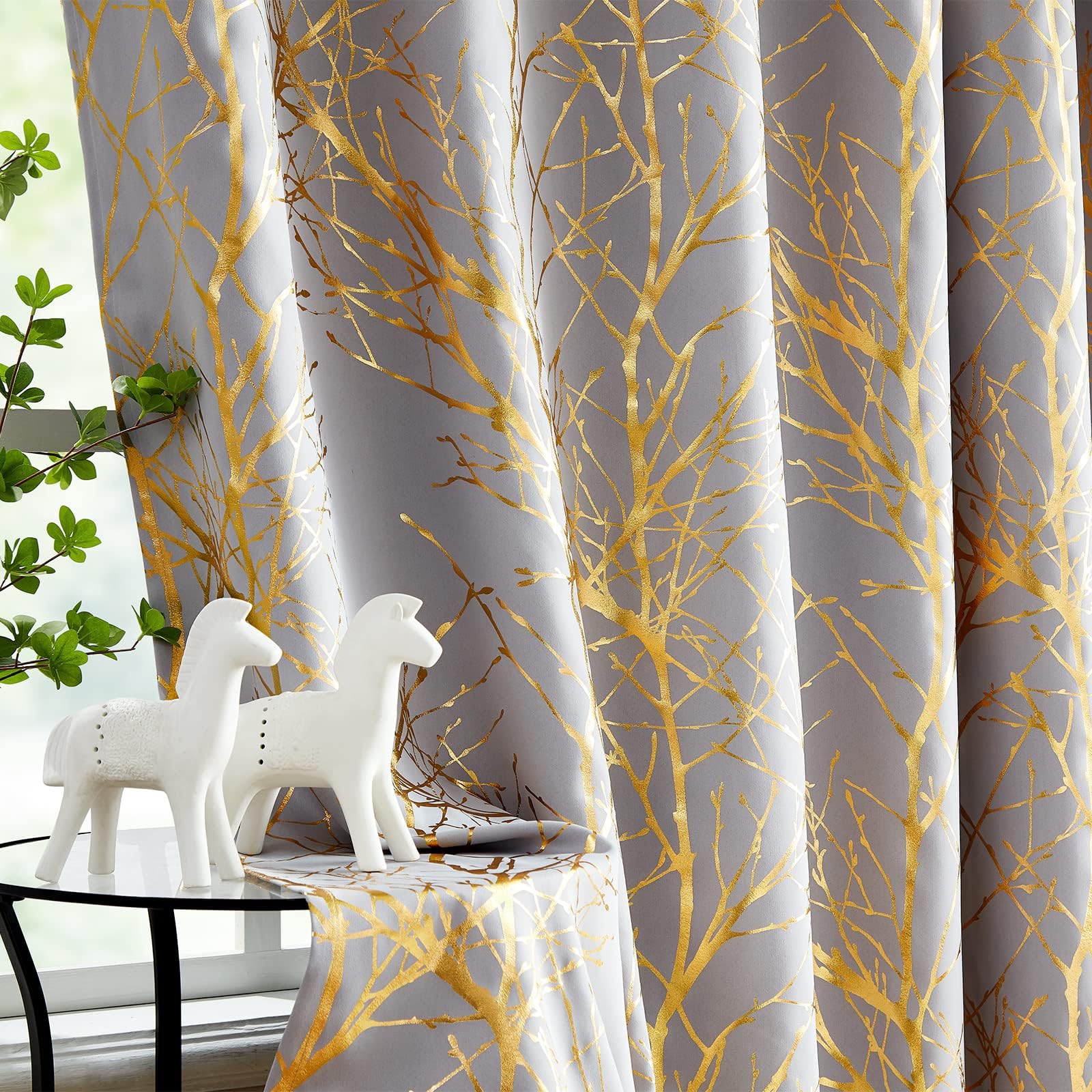 FMFUNCTEX Foil Gold Branch Grey Blackout Window Curtains for Bedroom Living Room 96inch Long Modern Metallic Print Thermal Curtain Drapes Grommet Top 2Panels
