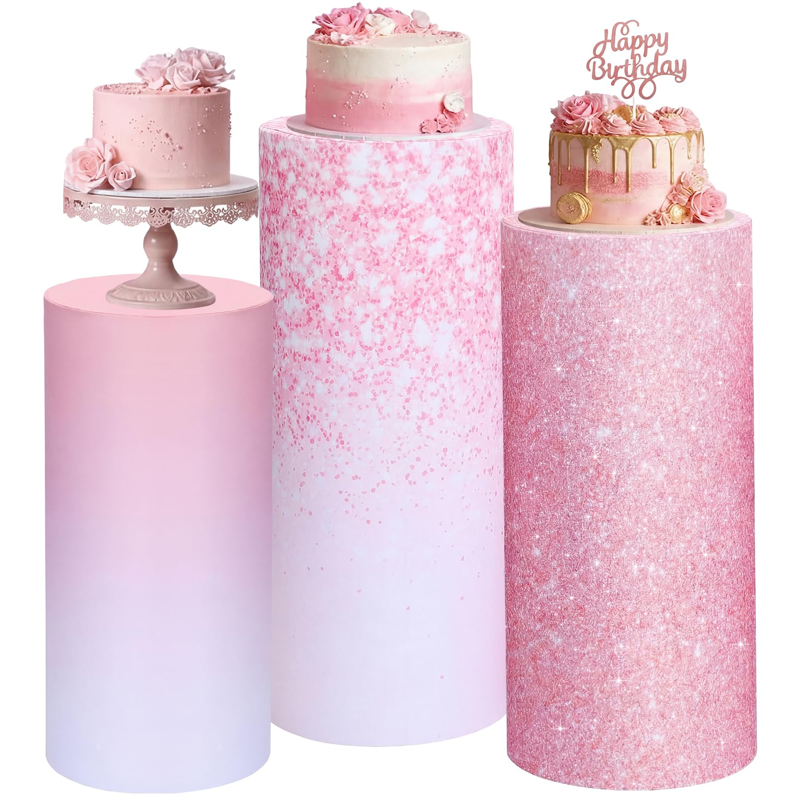 Photo 1 of Mindsoft Set of 3 Gradient Pink Glitter Spandex Cylinder Stand Covers for Party, Flexible Cylinder Pedestal Covers, Dessert Tables Display for Birthday Party Wedding Baby Shower Backdrop Decor