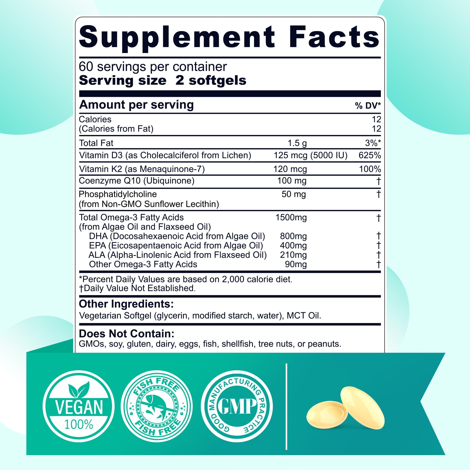 Vegan Omega 3 EPA DHA ALA Supplements + CoQ10, Vitamin D3 K2 for Women Men — Amazon image 2