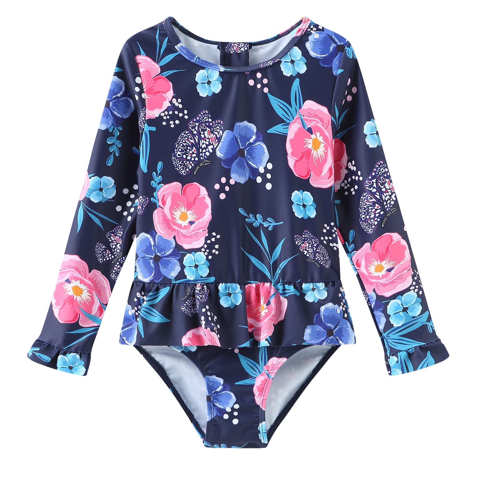 Baby and Toddler Girls One Piece Rash Guard Swimsuits for Girls Long Sleeve Swim Shirts with Sun Protection