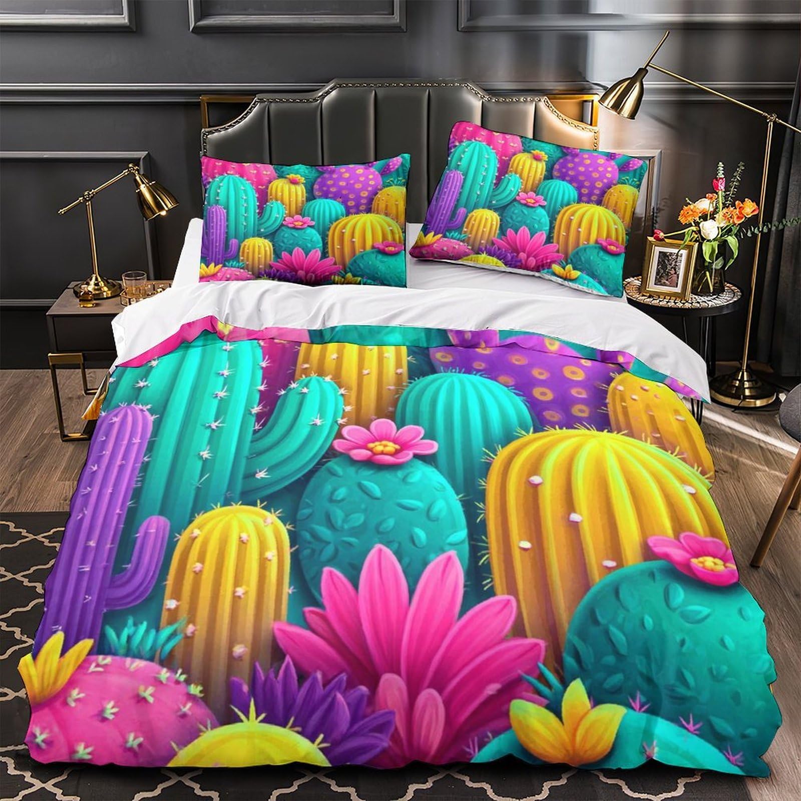 Housse de couette cactus 135x200 parure de lit microfibre lit simple avec taie d'oreiller