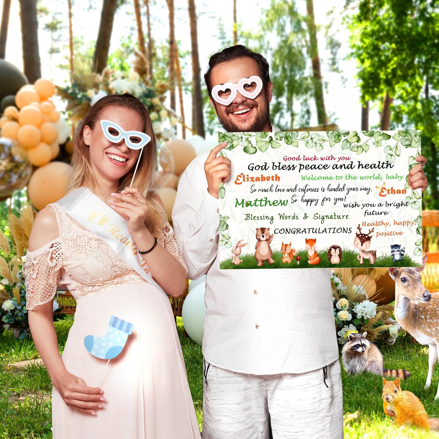 Giant Baby Shower Greeting Card 22 x 14 inch Big Woodland Animals Baby Shower Decorations Card Large Sage Green Baby Plastic Card Gift for Girl Boy Neutral Party Supplies Gender Reveal Party Decor