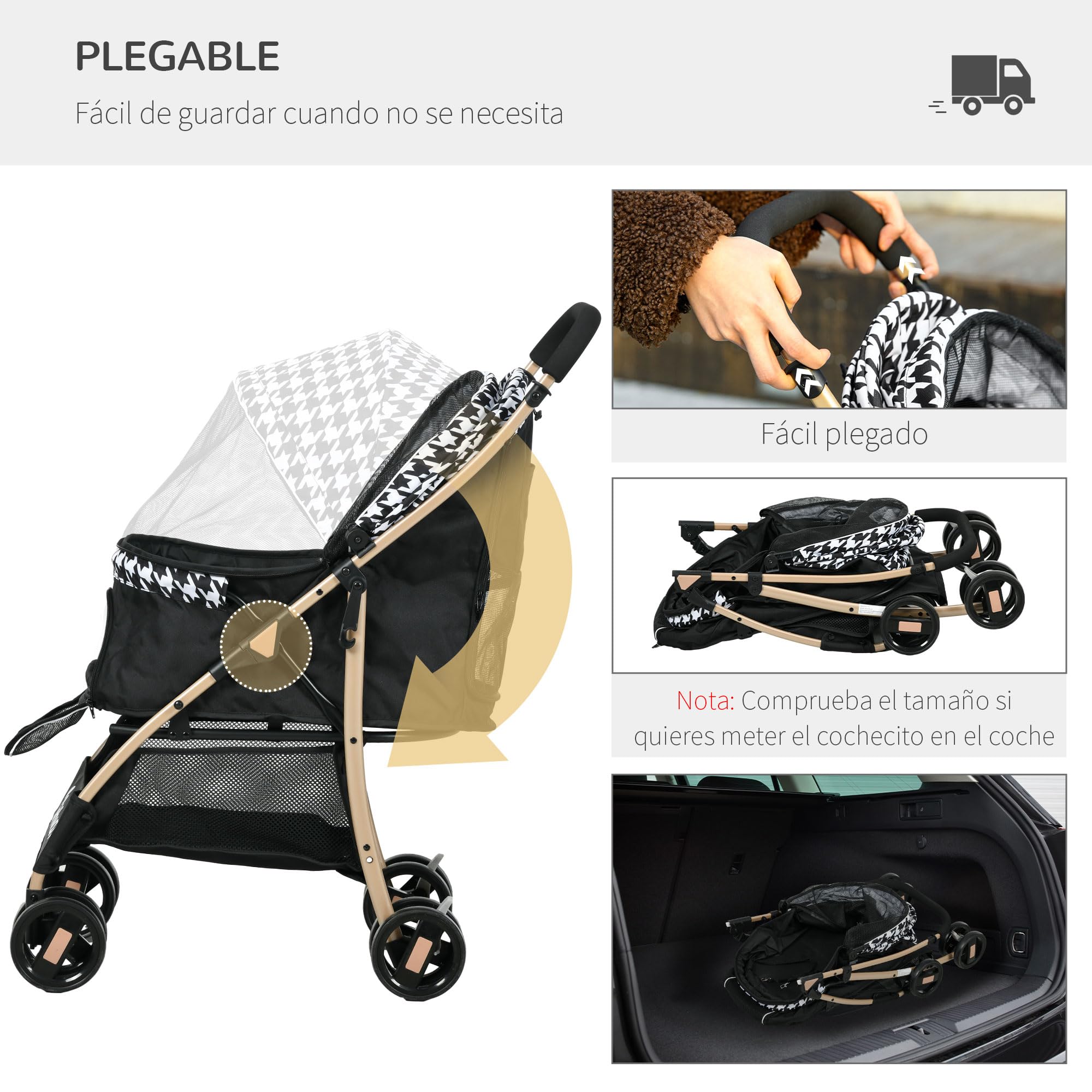 PawHut Passeggino pieghevole per cani con 2 porte, finestra a rete, cestino di sicurezza e cuscino 80x44,5x97 cm Nero