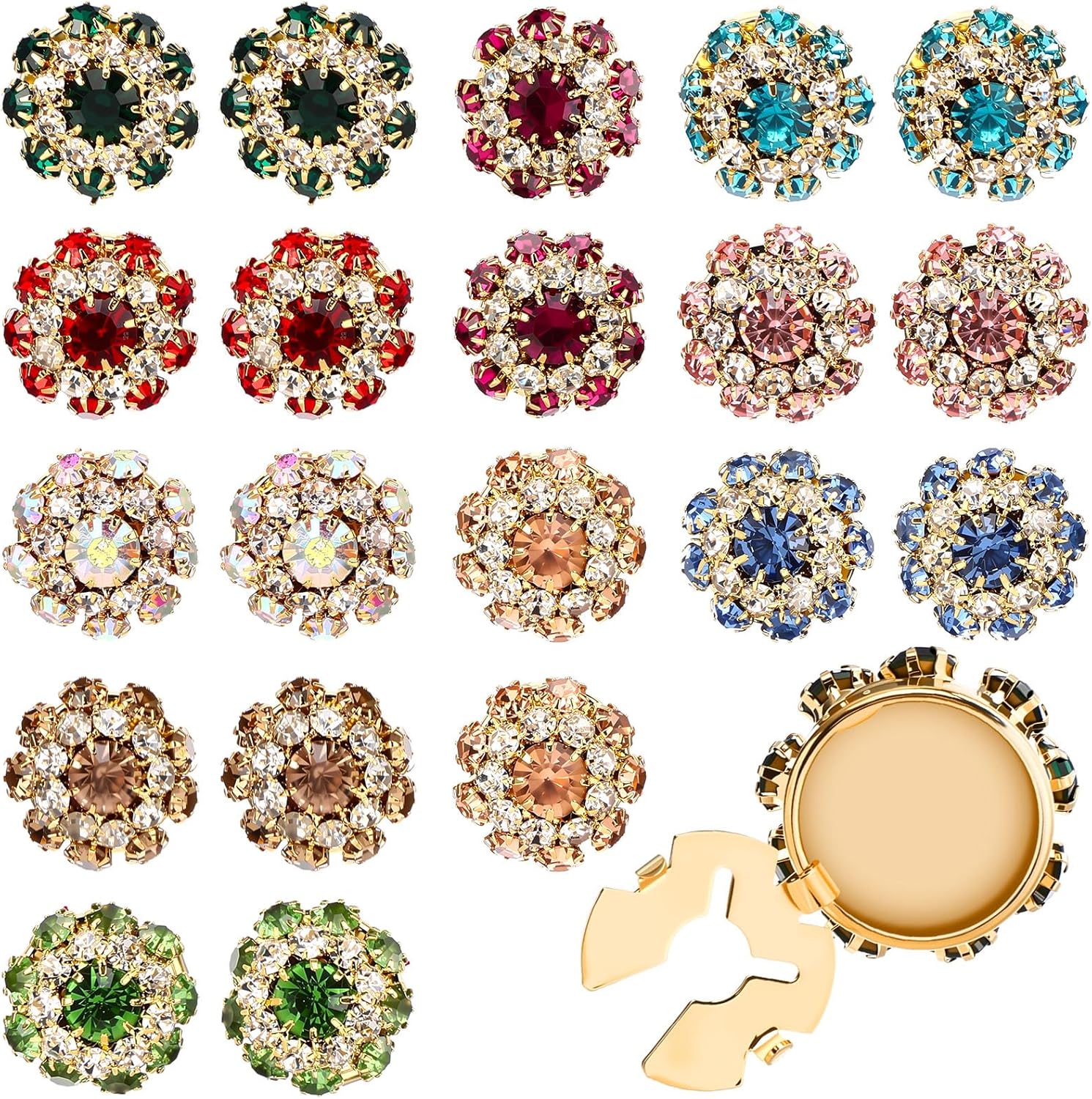 Shappy 20 Pcs Rhinestone Flower Button Covers for Women Clips Color Sewing Buttons Jewelry Clip Crystal Button for Crafting DIY Clothing (Flower,27 mm)