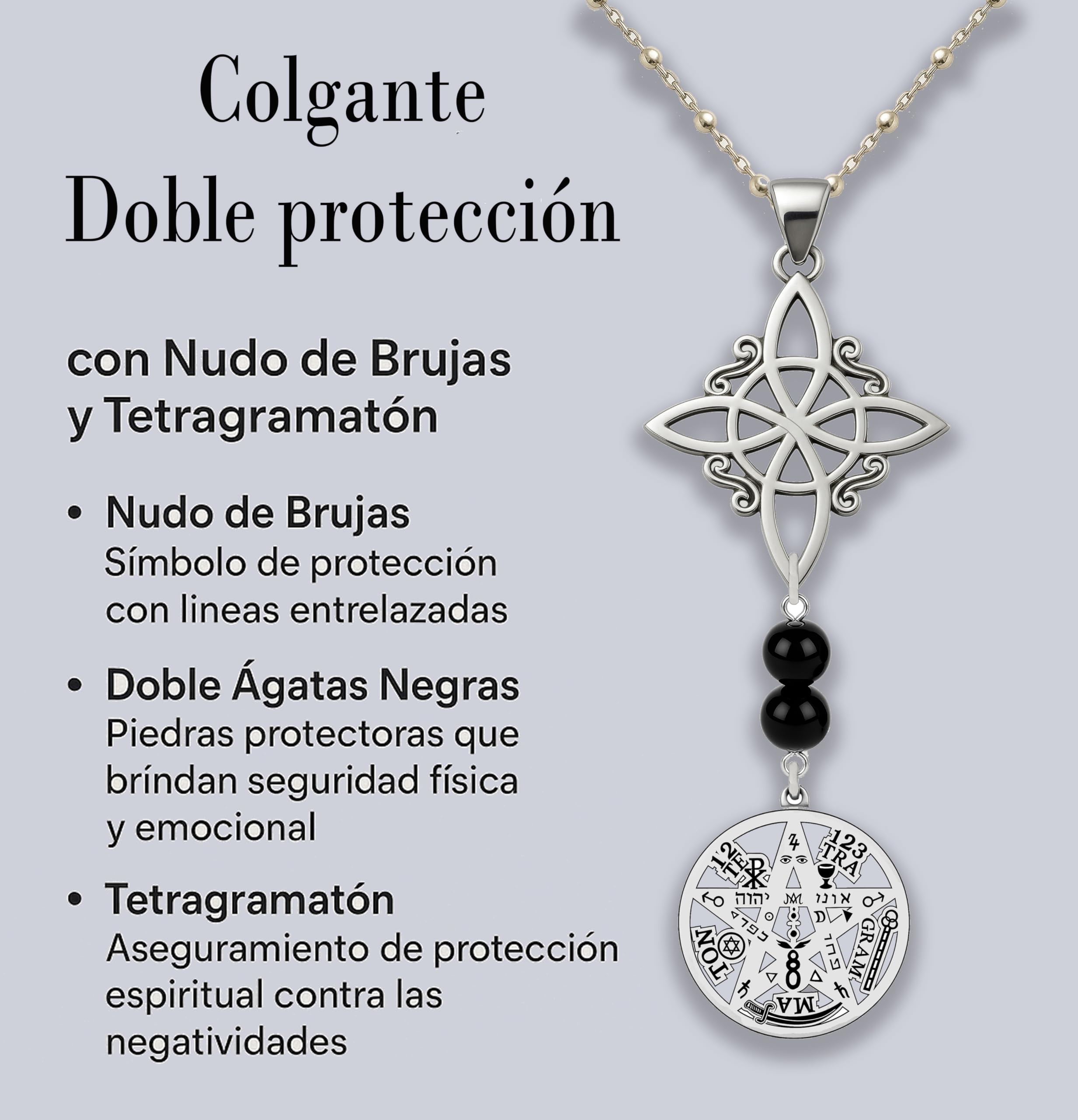 Tetragramatón Acero Inoxidable con Cadena y nudo de brujas– doble protección nudo de bruja y tetragramaton -amuletos de la suerte y proteccion. Amuleto de Protección Energética,turmalina natural.