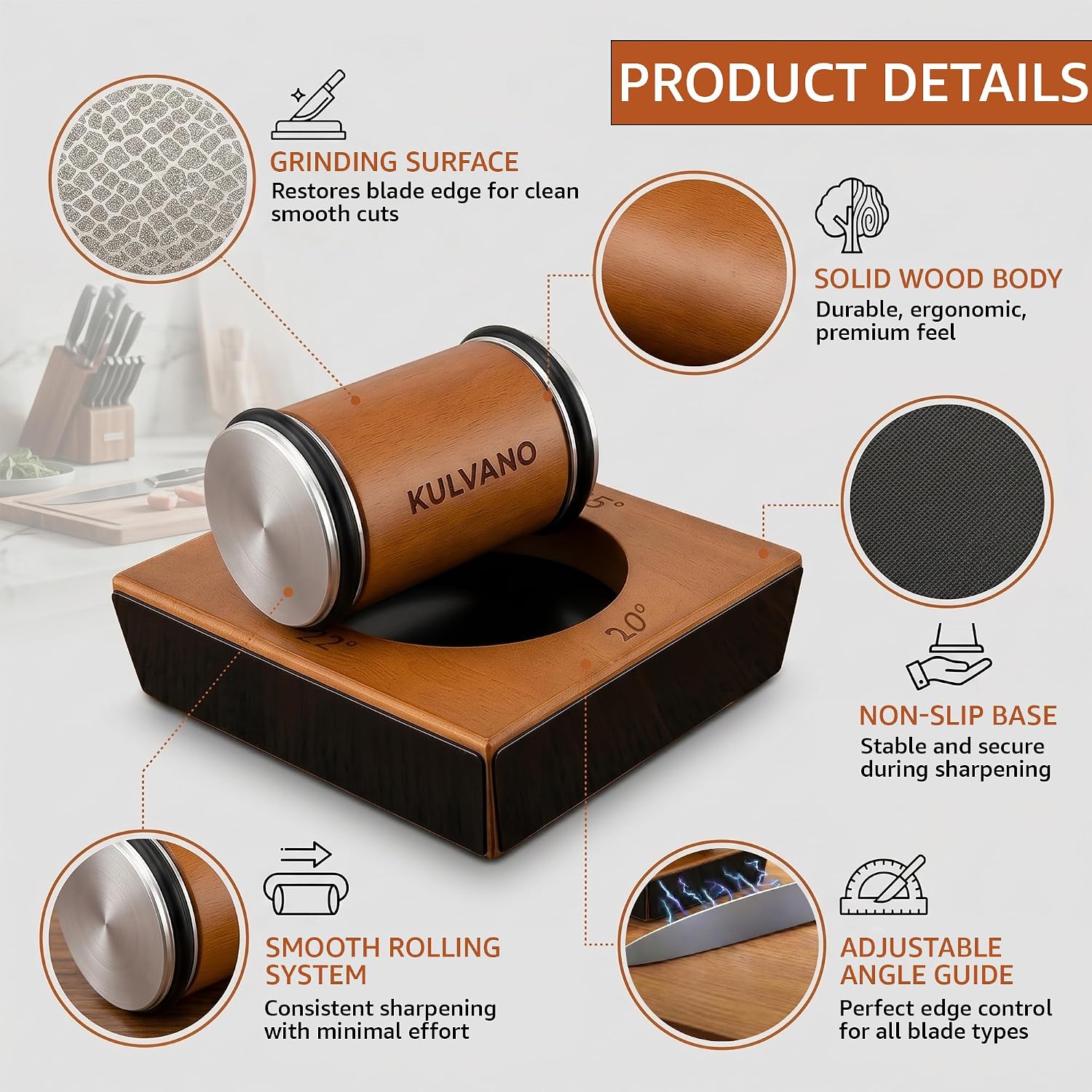 Rolling Knife Sharpener Kit - Magnetic 4-Angle Base (15°/18°/20°/22°), Diamond & Ceramic Knife Sharpening Discs, 3.86” Extended Wooden Roller with Leather Strop for Kitchen & Pocket Knives