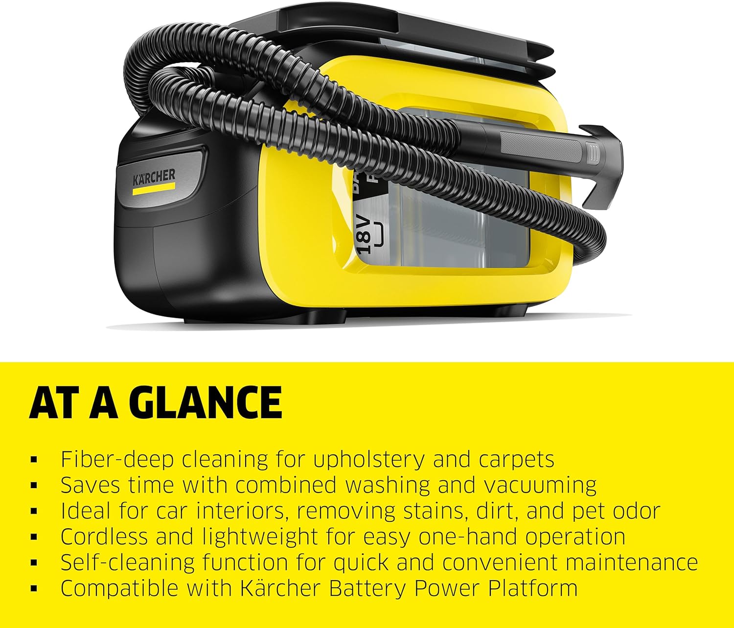 Kärcher SE 3-18 Carpet Extractor, Self-Cleaning Function, with 5.0 Ah 18 V Battery/Real Time Technology, LCD Display, Lithium-Ion Cells + Fast Charger