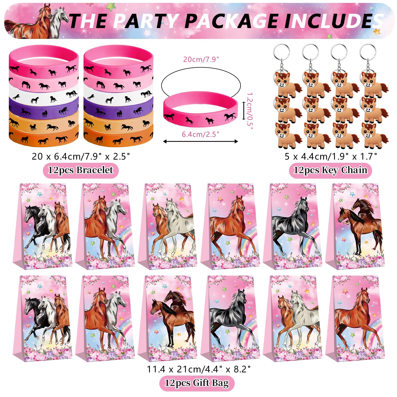 Bomboniere per feste a forma di cavallo rosa, 41 adesivi a forma di cavallo, 12 sacchetti per regali, 12 badge a bottone, 12 portachiavi, 12 mini quaderni, 12 braccialetti in gomma per ragazze, donne