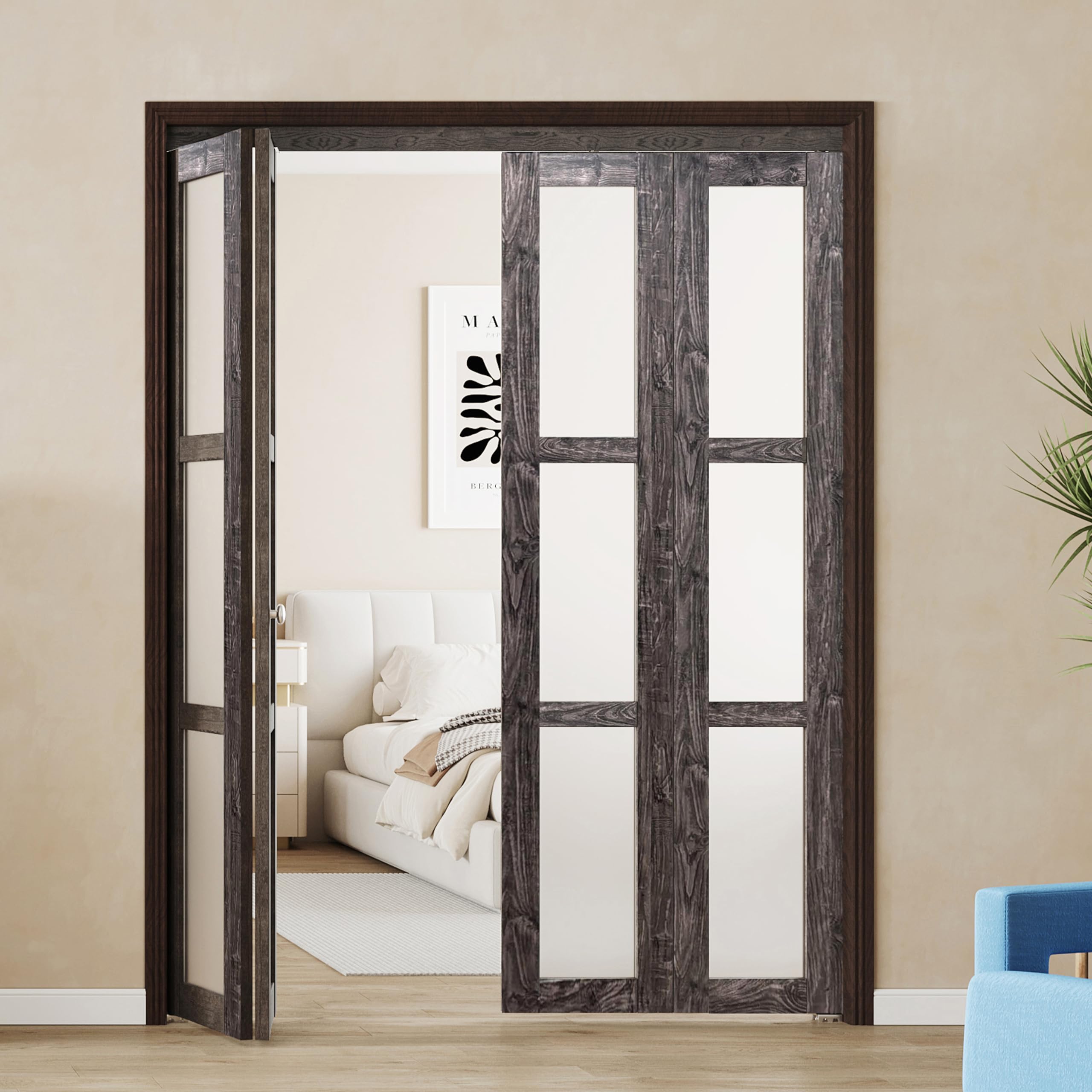 BARNER HOME Bi-Fold Doors, for 60"x 80" (Double 30" x 80" Doors) Opening, 3-lite Tempered Frosted Glass Panel, MDF, Ancient Wood Color
