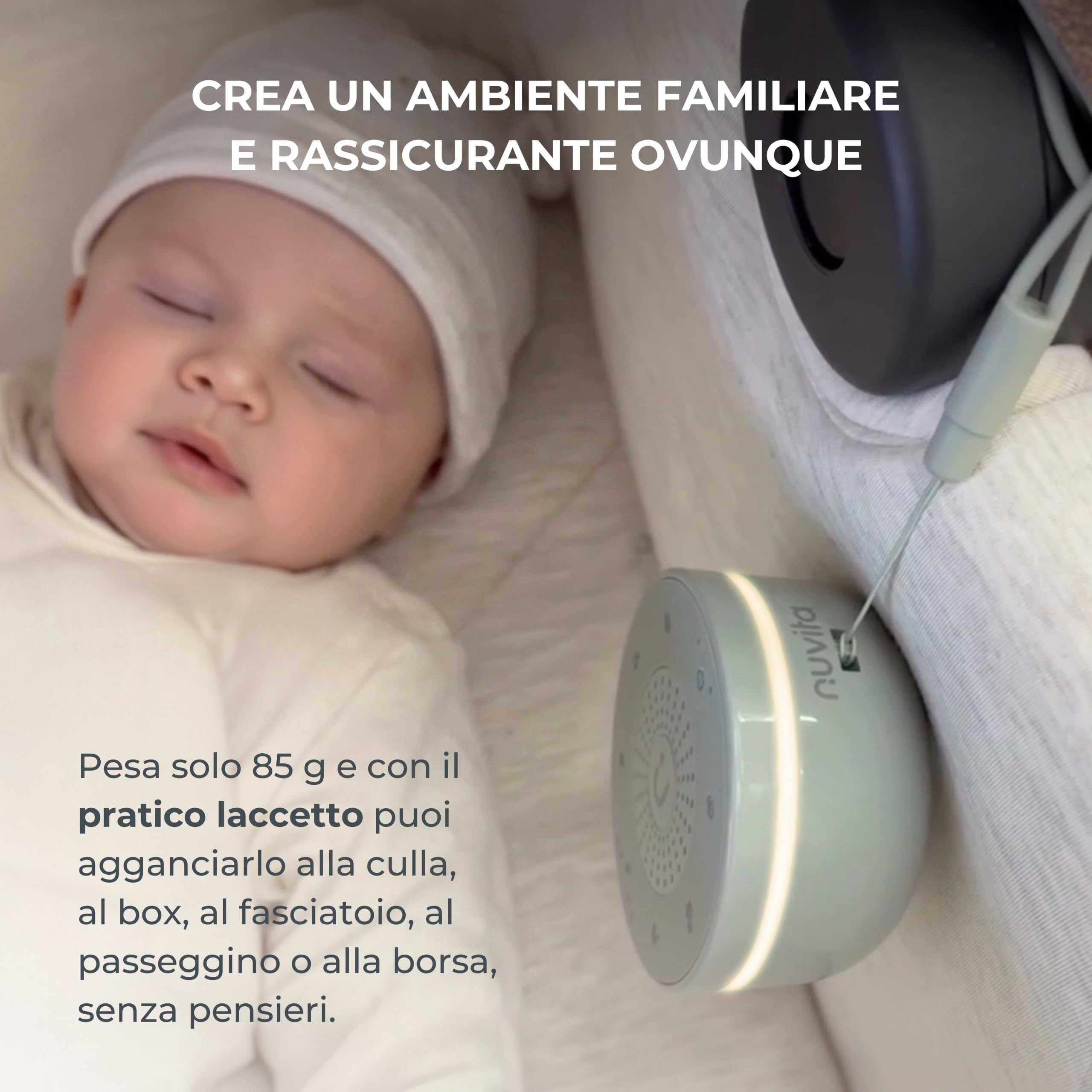 Nuvita 6620 Easy Dream Macchina Rumore Bianco e Luce Notturna – 30 Suoni Hi-Fi, 5 Colori Luce, Ricaricabile, Timer, Fino a 35h di Autonomia
