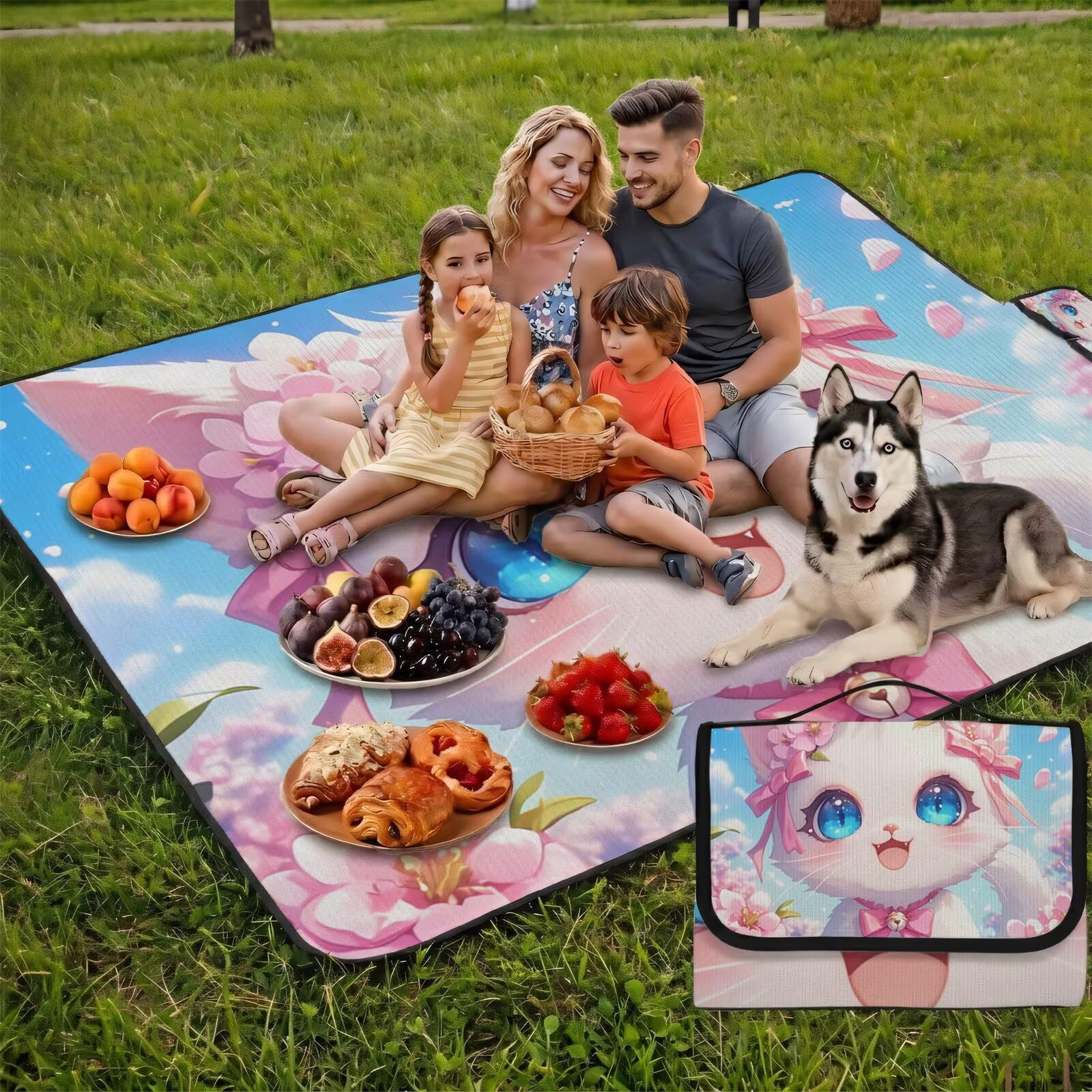 Couverture Pique Nique 200x200cm,Outdoor Couverture Imperméable,Pliable Tapis de Plage Dos en PVC,Grande Picnic Blanket pour Camping Accessoires,Jardin,Parc,Famille - Les chats sont mignons (4) UZ-465