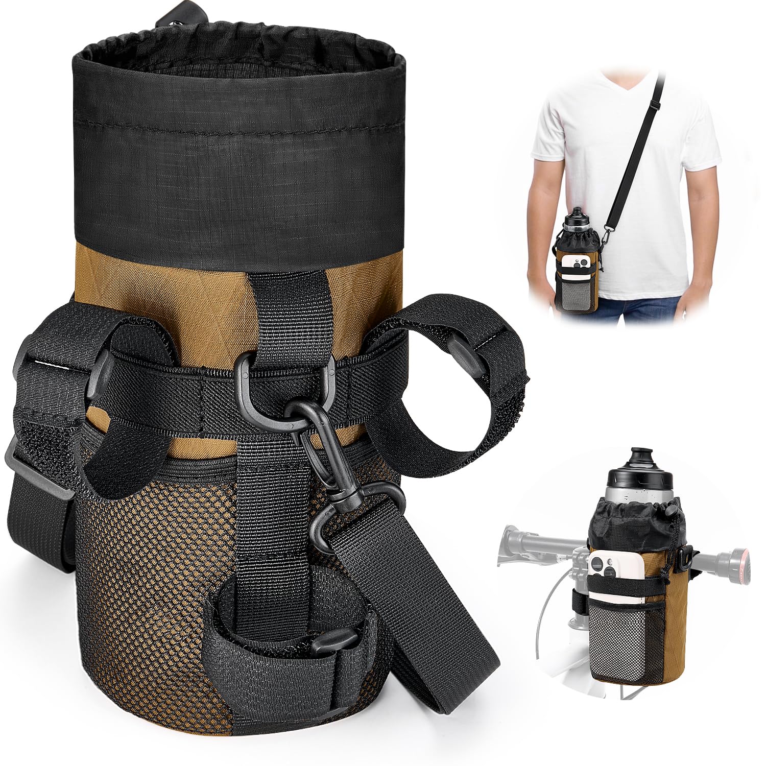 WOTOW Bike Water Bottle Holder - Insulated Universal Bike Cup Holder with Adjustable Shoulder Straps and Mesh Pockets, Drink Holders for Cruiser,