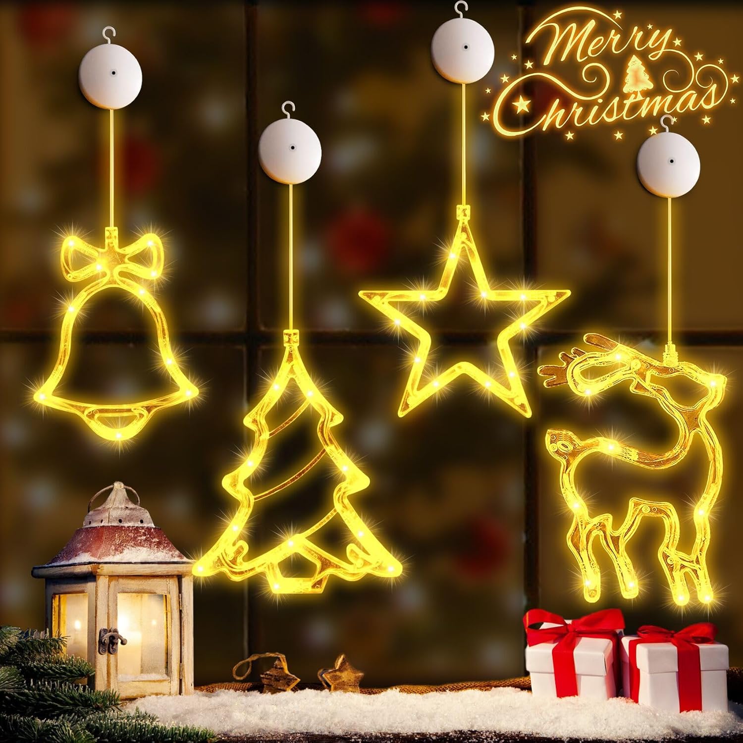 LED Weihnachtsbeleuchtung Fenster 4 Stück Lichter Fenster Weihnachten mit Saugnäpfe Led Weihnachtsstern Beleuchtung für Fenster weihnachtsdeko Innen Außen Warmweiß 40 LEDs Lichterkette Fensterdeko